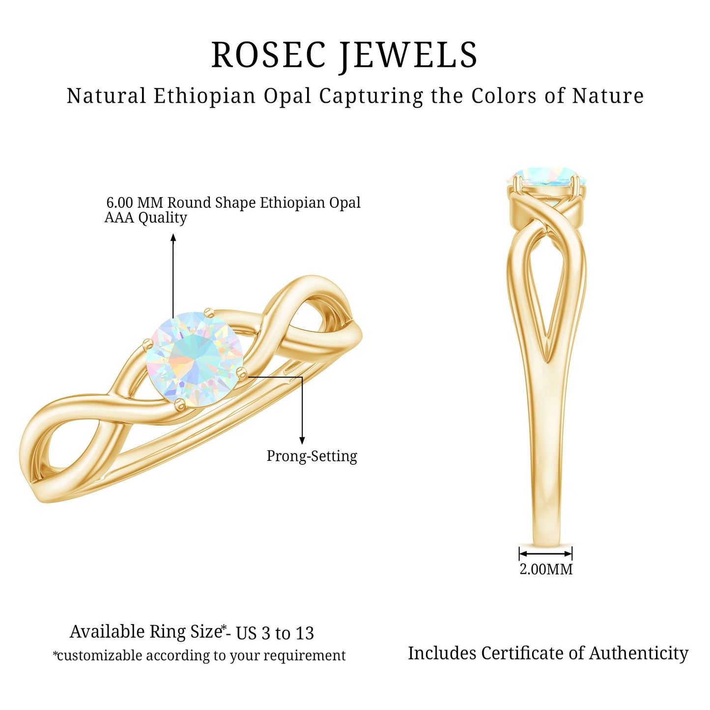 Natural Ethiopian Rainbow Opal Promise Ring with Crossover Shank