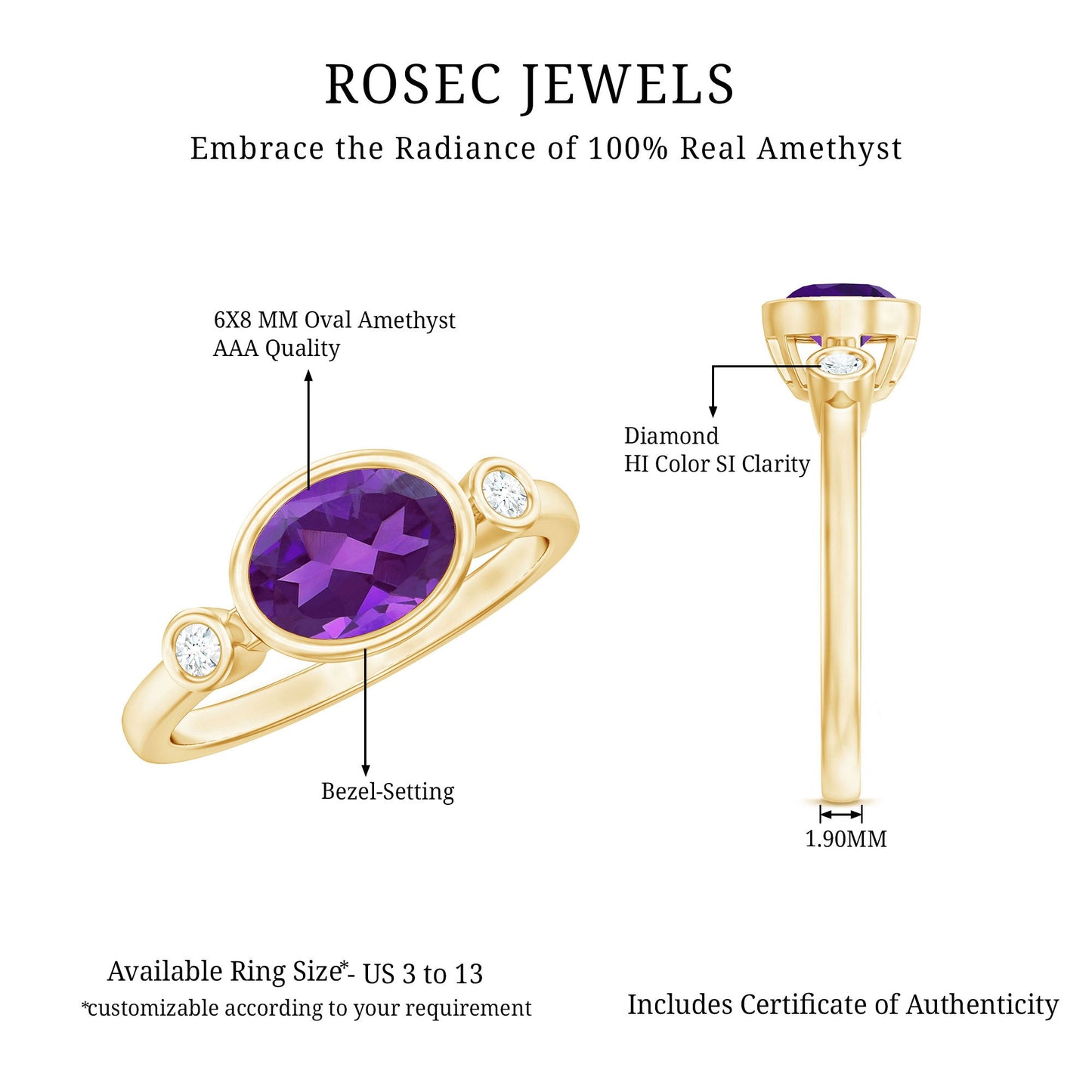 Bezel Set Oval Amethyst Solitaire East West Ring with Diamond