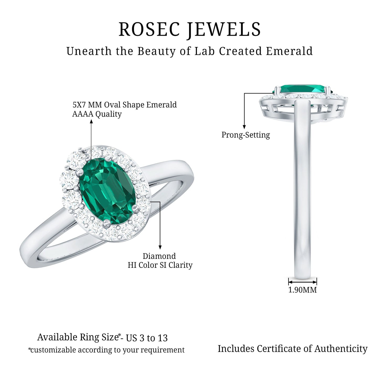 Classic 0.8 Carat Oval Lab Grown Emerald Engagement Ring with Diamond Halo