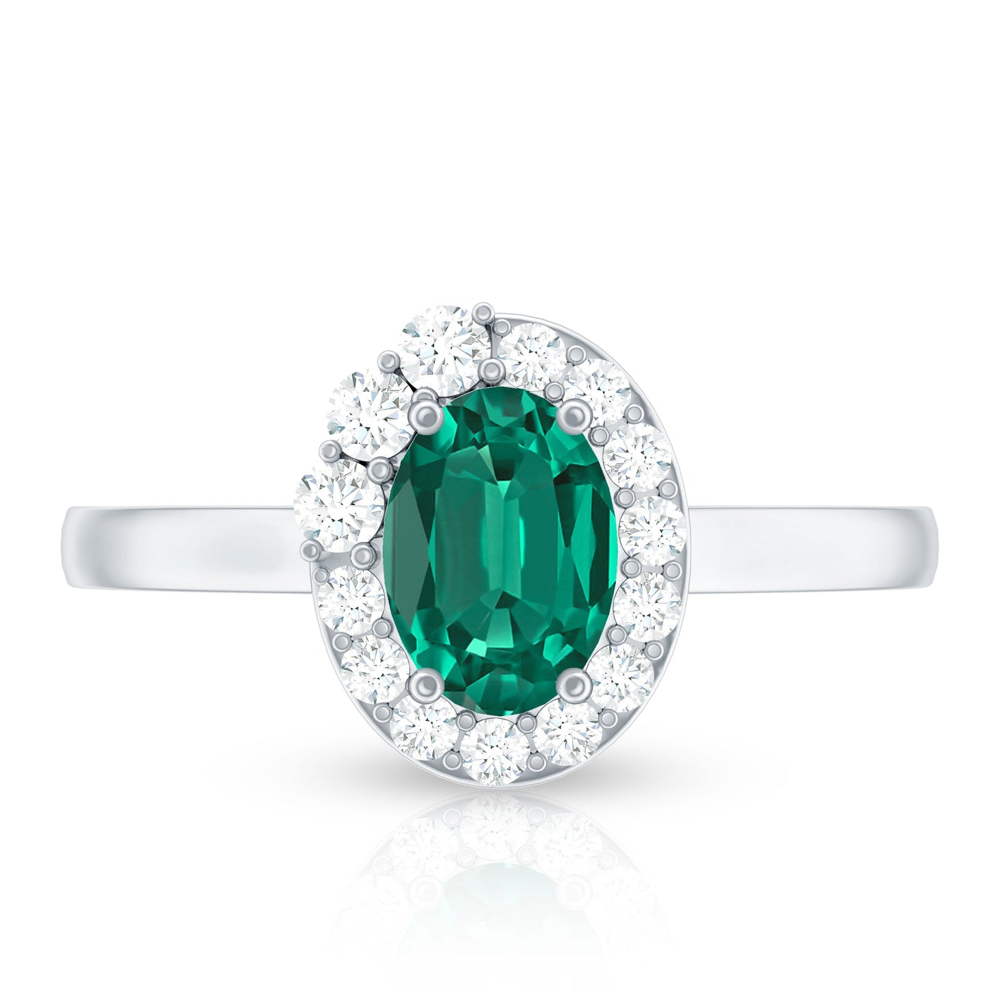 Classic 0.8 Carat Oval Lab Grown Emerald Engagement Ring with Diamond Halo