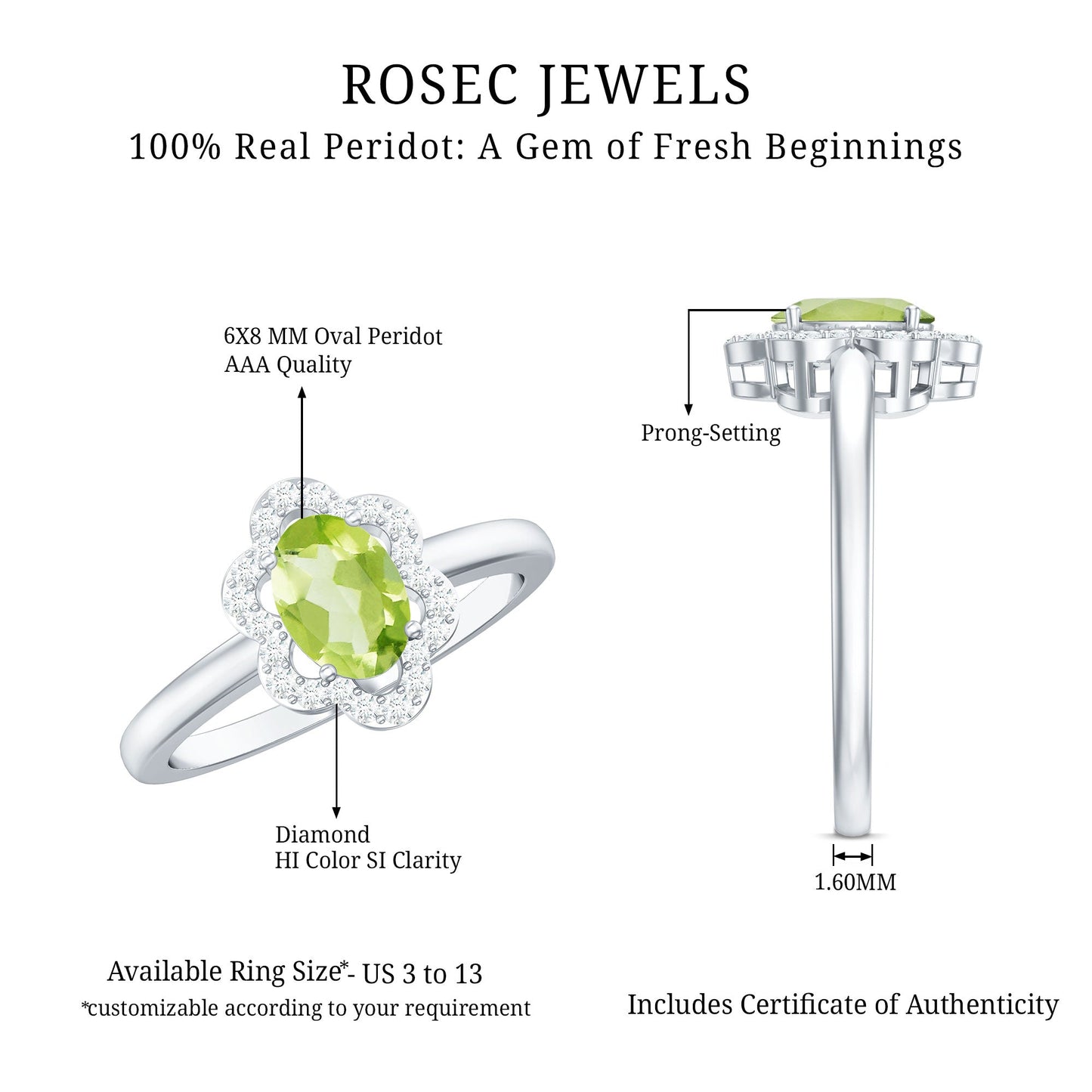 Natural 1 Carat Peridot Flower Engagement Ring with Diamond