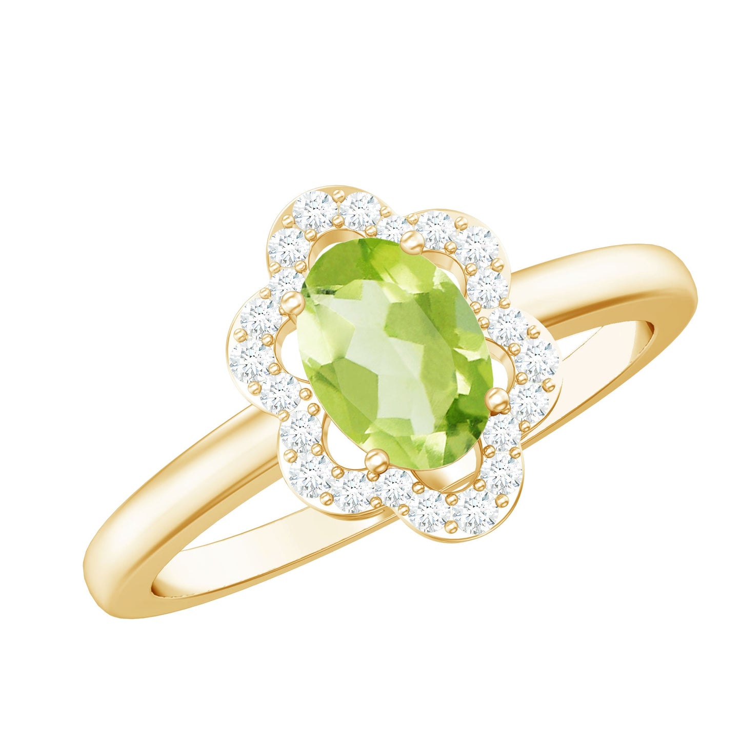 Natural 1 Carat Peridot Flower Engagement Ring with Diamond