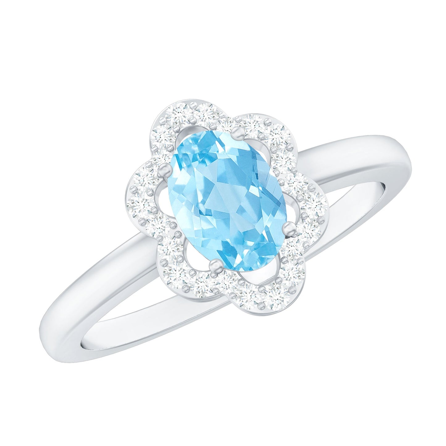 Real 1 Carat Aquamarine Oval Engagement Ring with Diamond Floral Halo