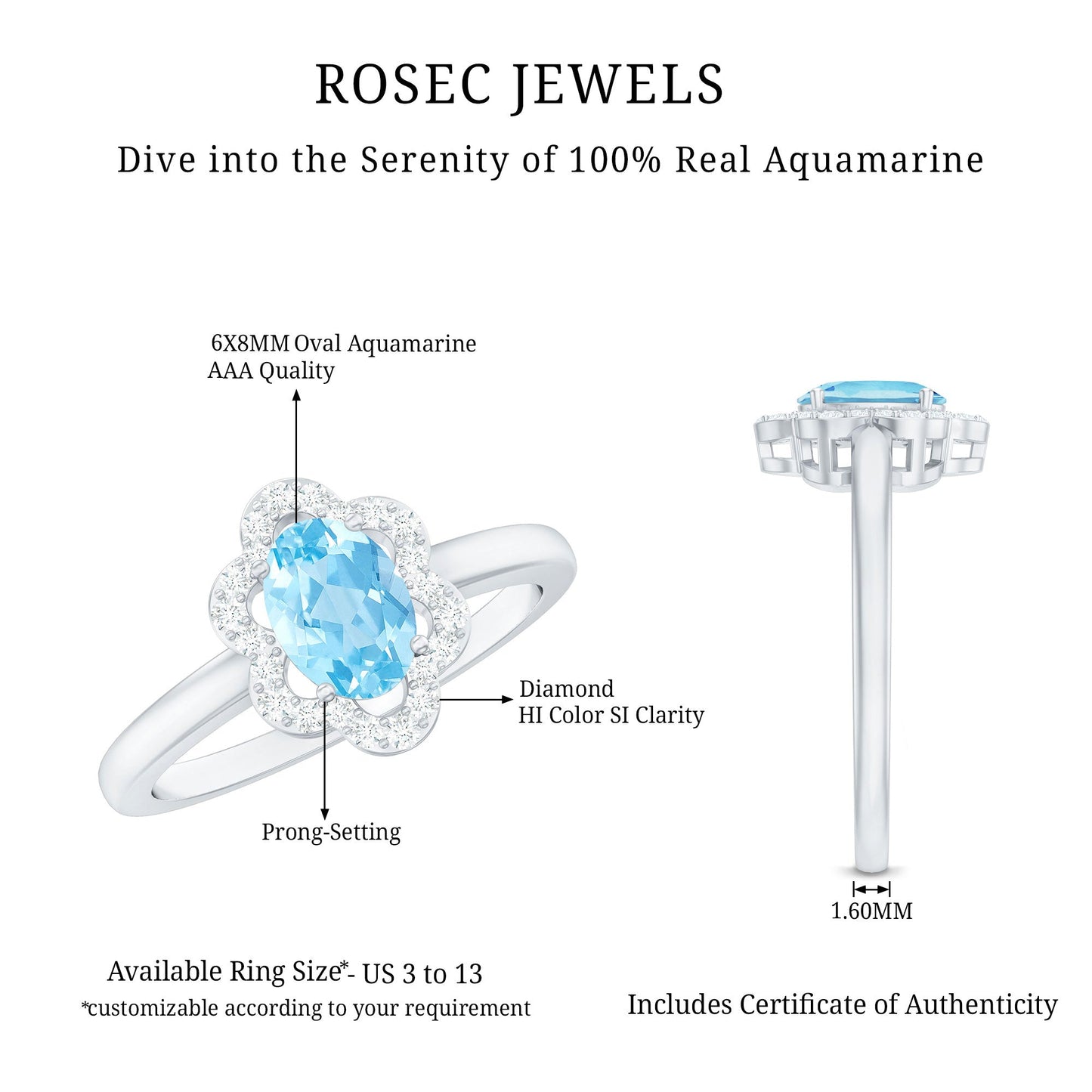 Real 1 Carat Aquamarine Oval Engagement Ring with Diamond Floral Halo