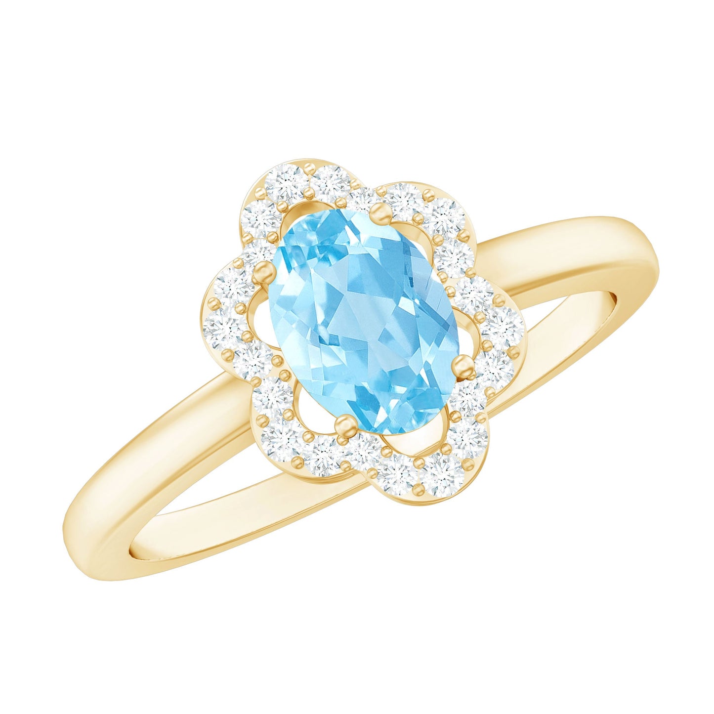 Real 1 Carat Aquamarine Oval Engagement Ring with Diamond Floral Halo
