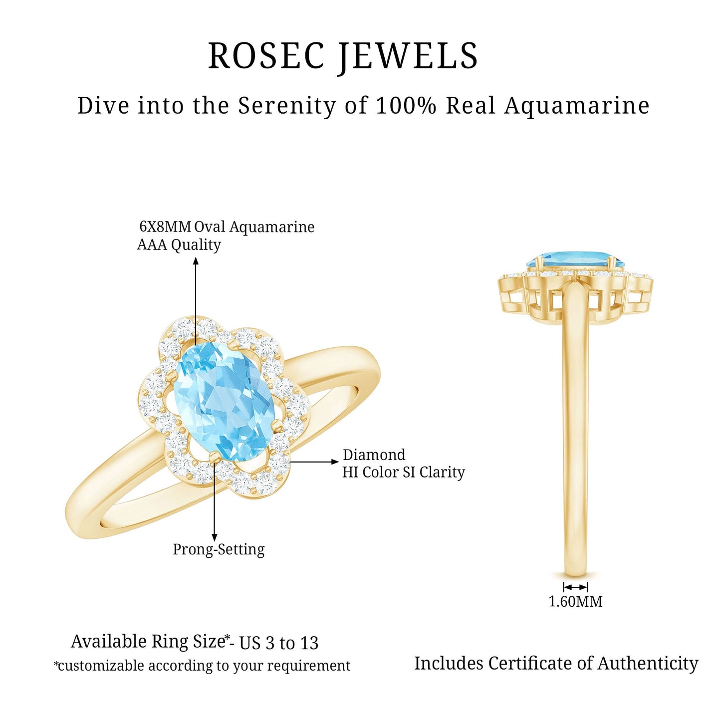 Real 1 Carat Aquamarine Oval Engagement Ring with Diamond Floral Halo