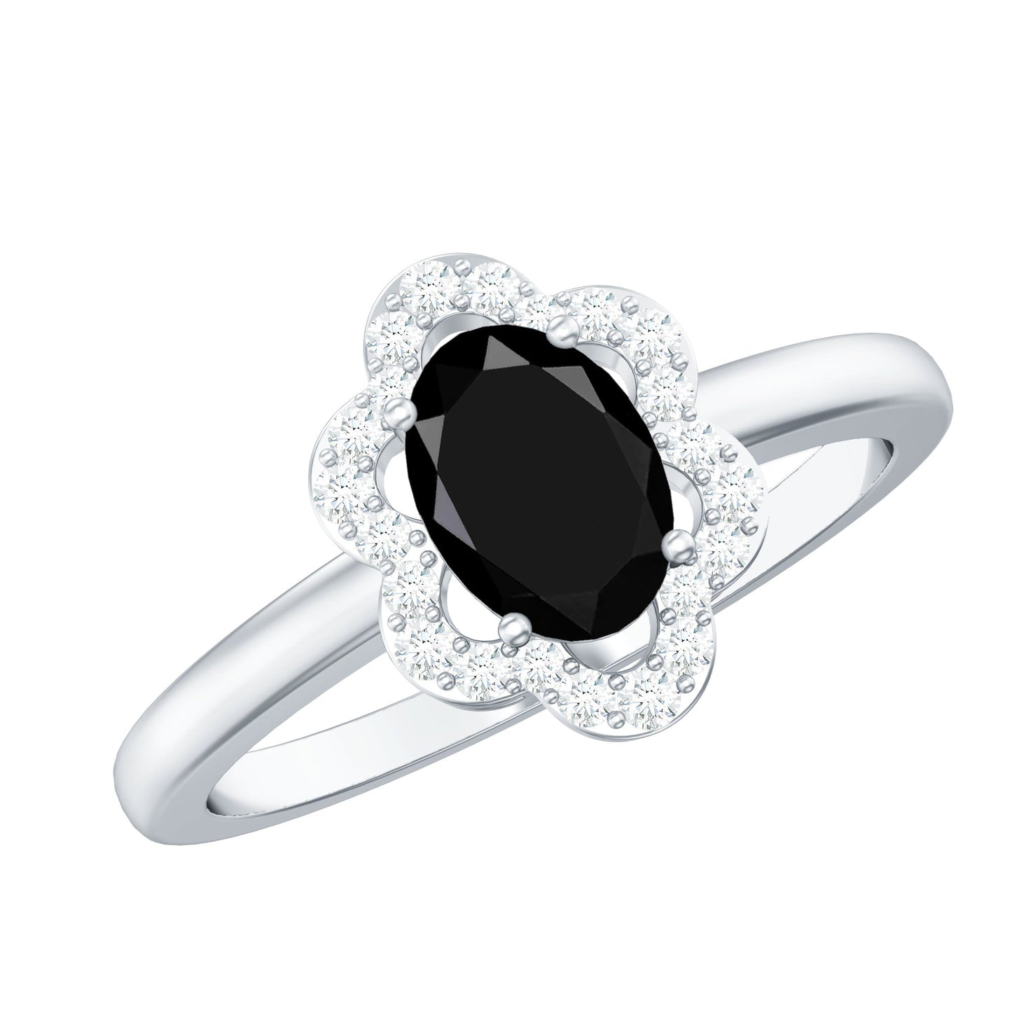 Certified Oval Cut 1 Carat Black Onyx Flower Engagement Ring with Diamond Halo