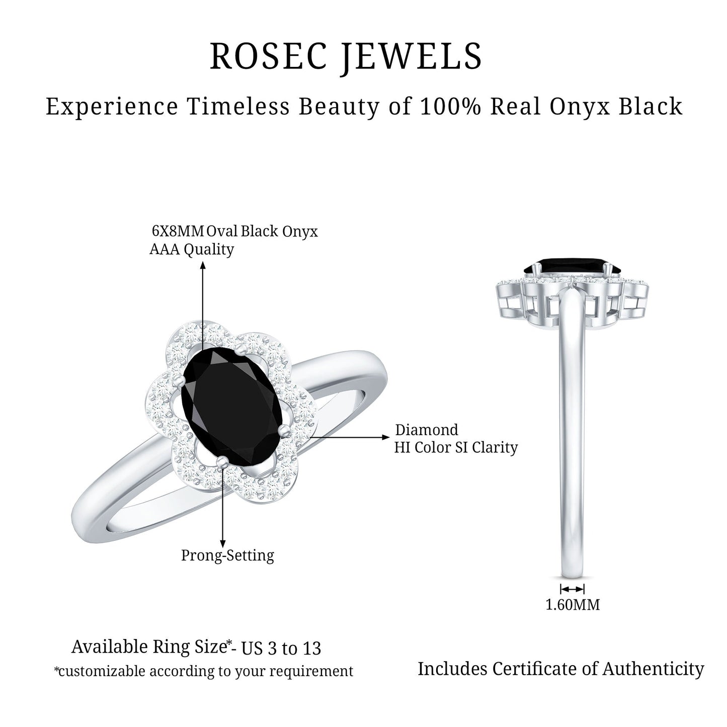 Certified Oval Cut 1 Carat Black Onyx Flower Engagement Ring with Diamond Halo