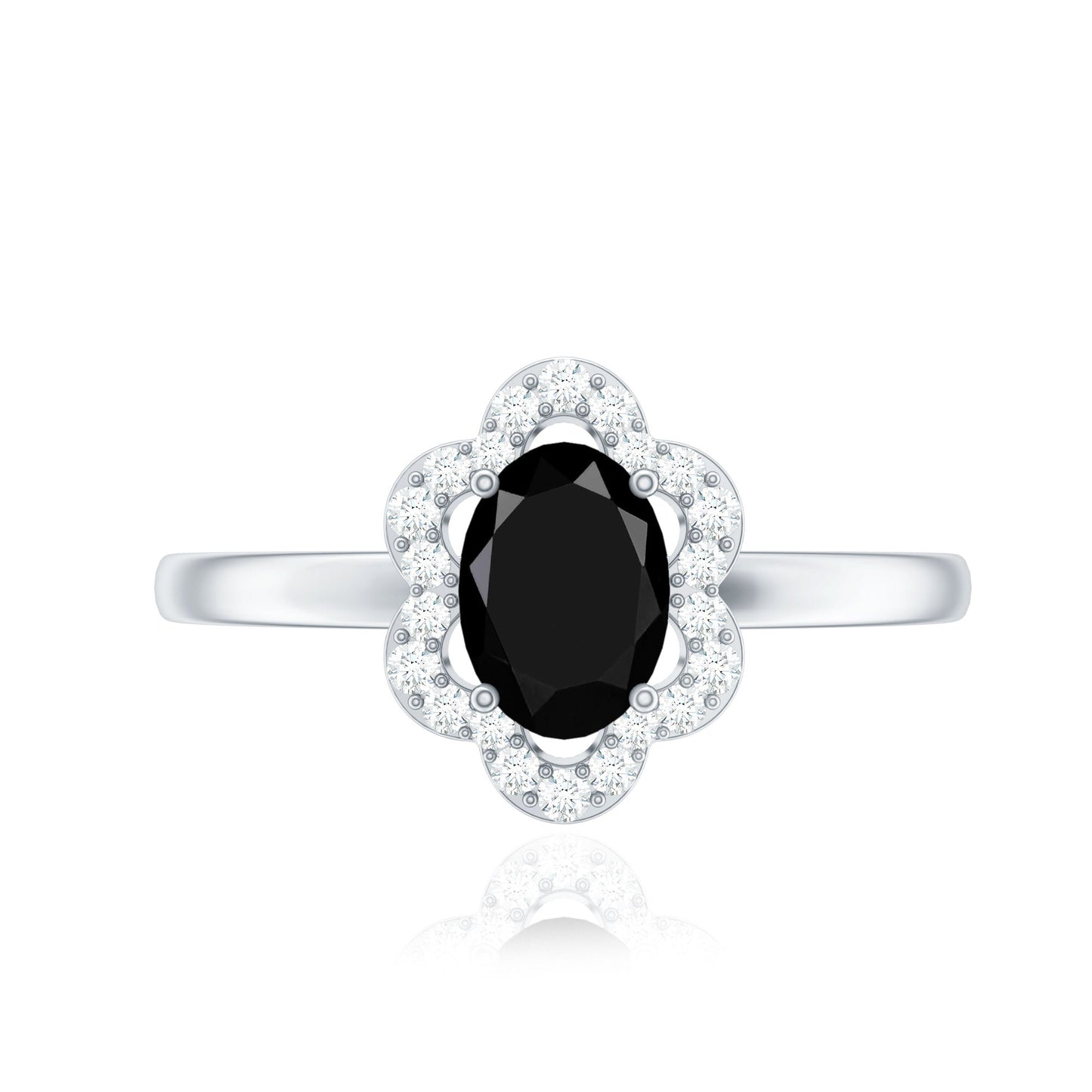 Certified Oval Cut 1 Carat Black Onyx Flower Engagement Ring with Diamond Halo