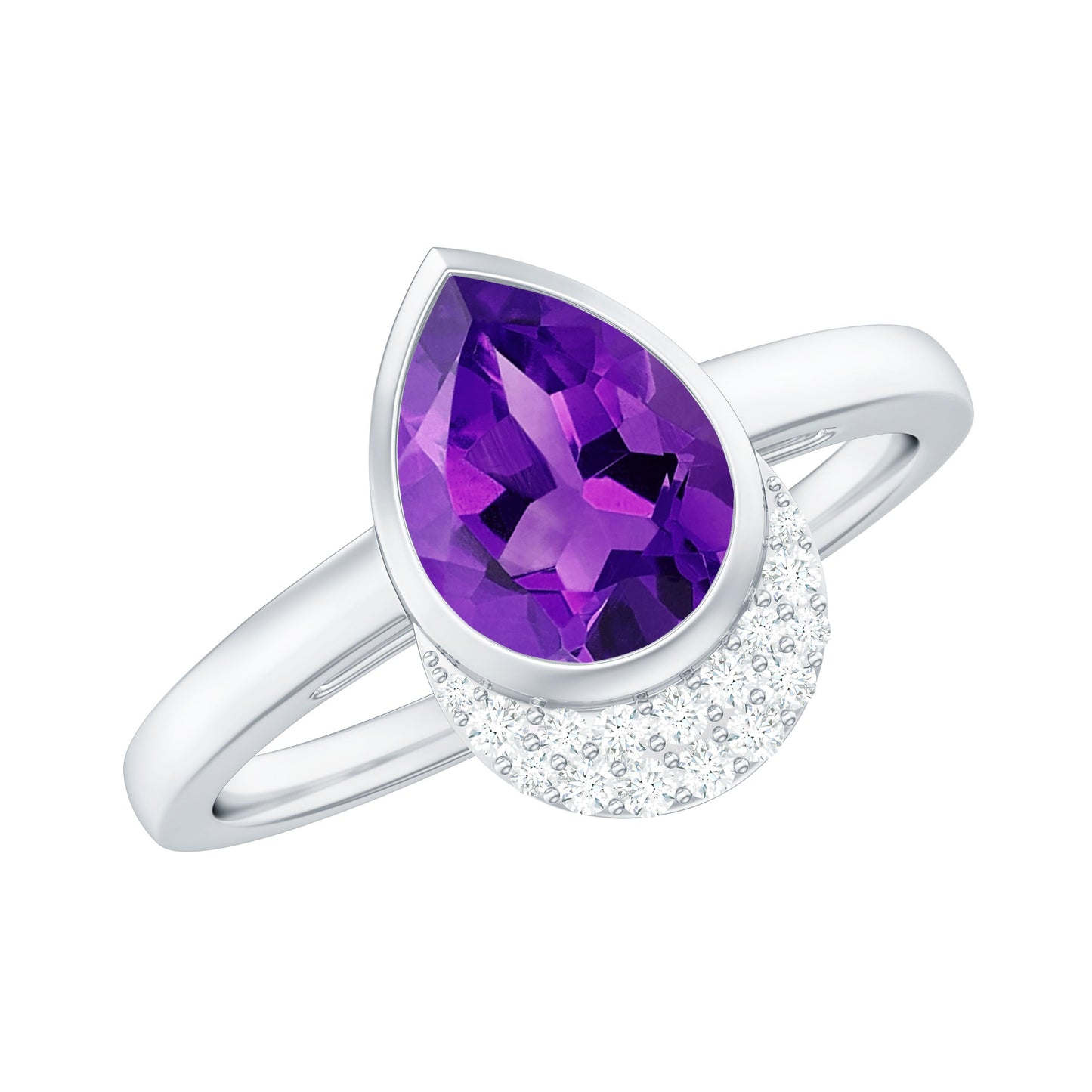 Real Amethyst Diamond Teardrop Engagement Ring in Bezel Setting