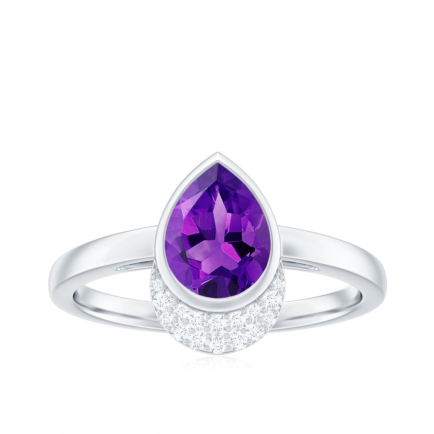 Real Amethyst Diamond Teardrop Engagement Ring in Bezel Setting