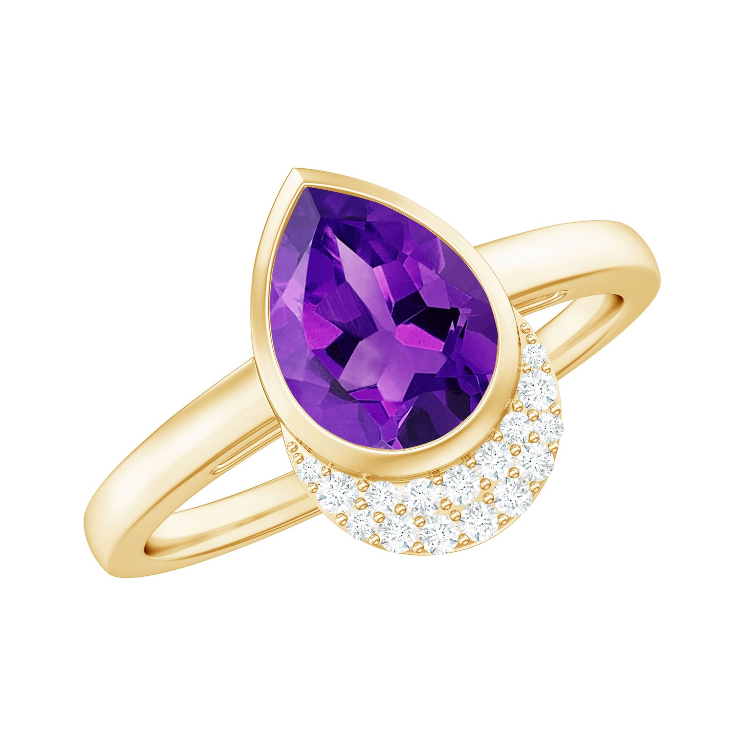 Real Amethyst Diamond Teardrop Engagement Ring in Bezel Setting