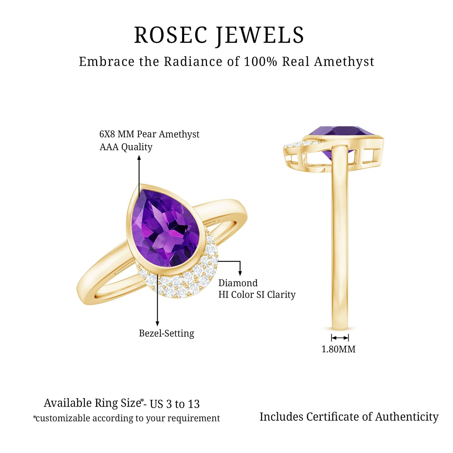 Real Amethyst Diamond Teardrop Engagement Ring in Bezel Setting