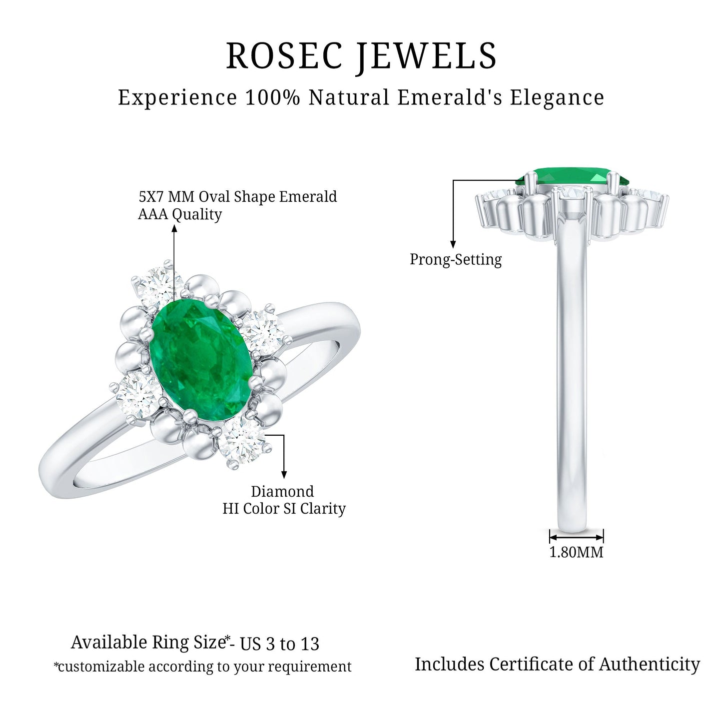 Certified Real Emerald Oval Engagement Ring with Diamond