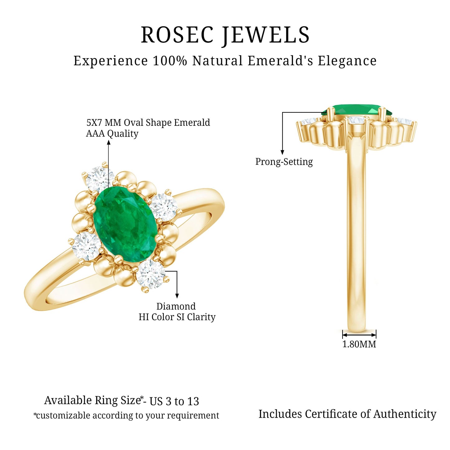 Certified Real Emerald Oval Engagement Ring with Diamond