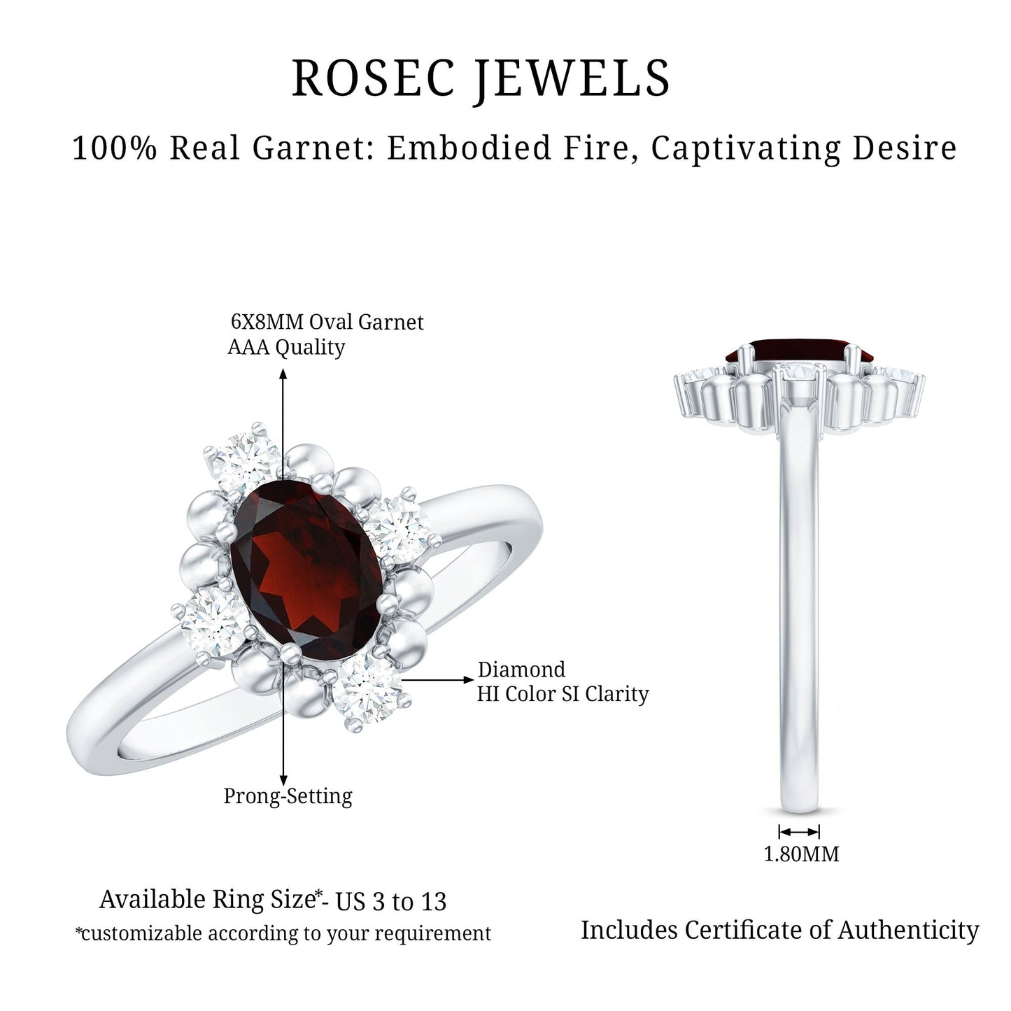 AAA Quality Oval Garnet Vintage Engagement Ring With Diamond