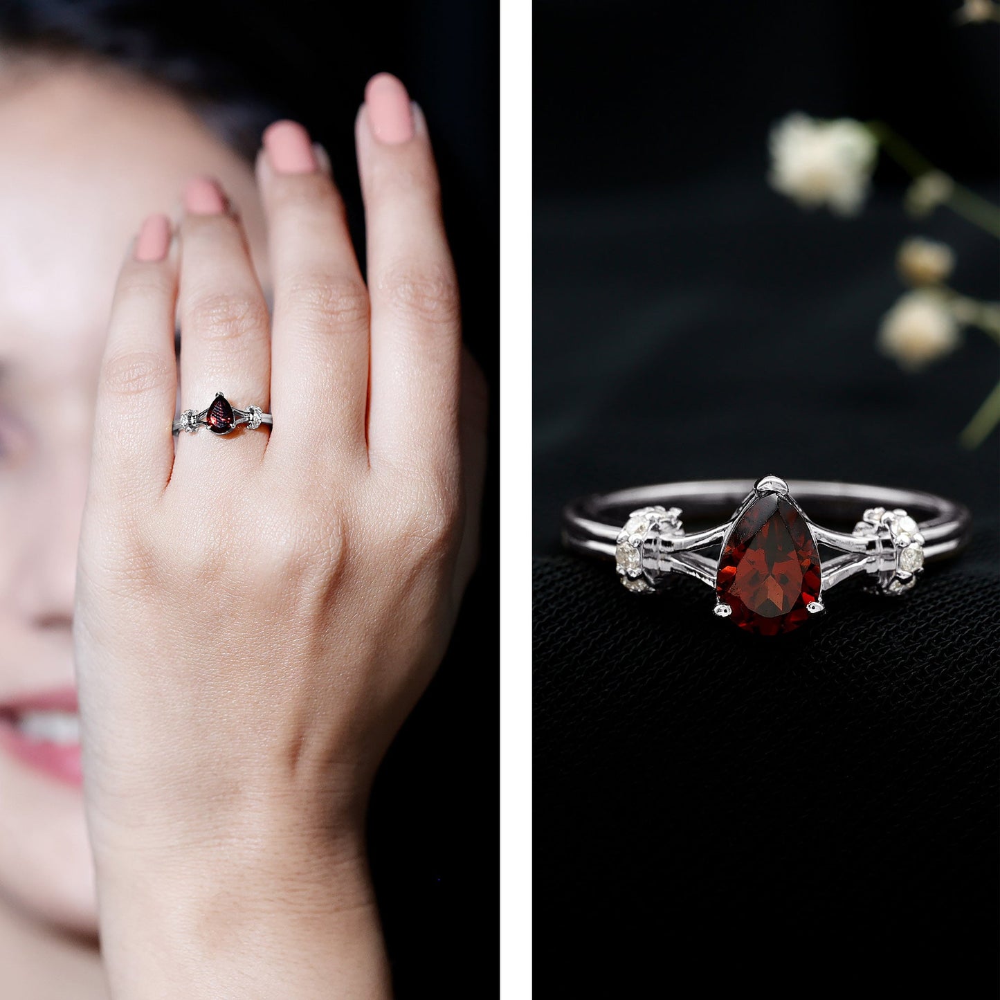 Certified Real 0.8 Carat Garnet Pear Shaped Engagement Ring with Diamond