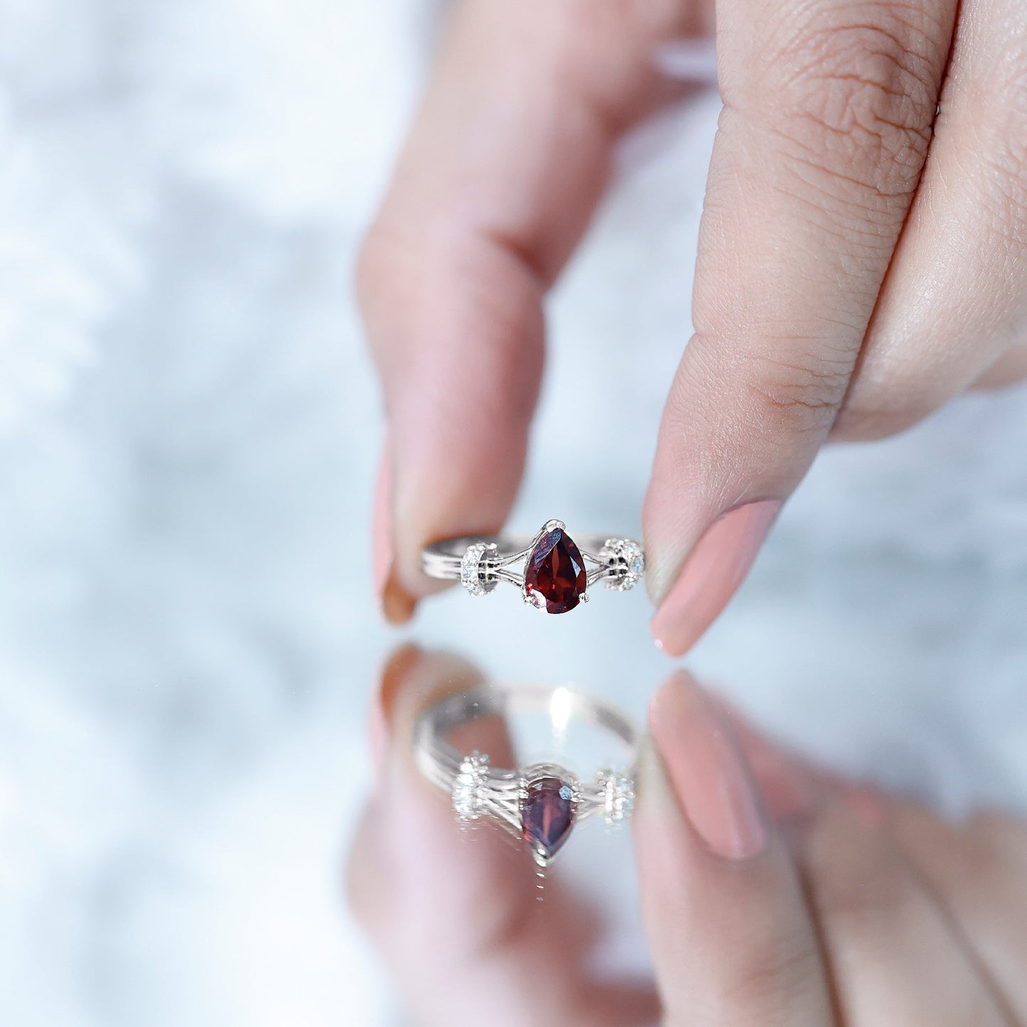 Certified Real 0.8 Carat Garnet Pear Shaped Engagement Ring with Diamond