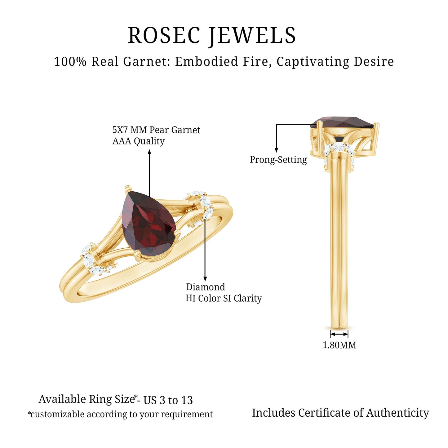 Certified Real 0.8 Carat Garnet Pear Shaped Engagement Ring with Diamond