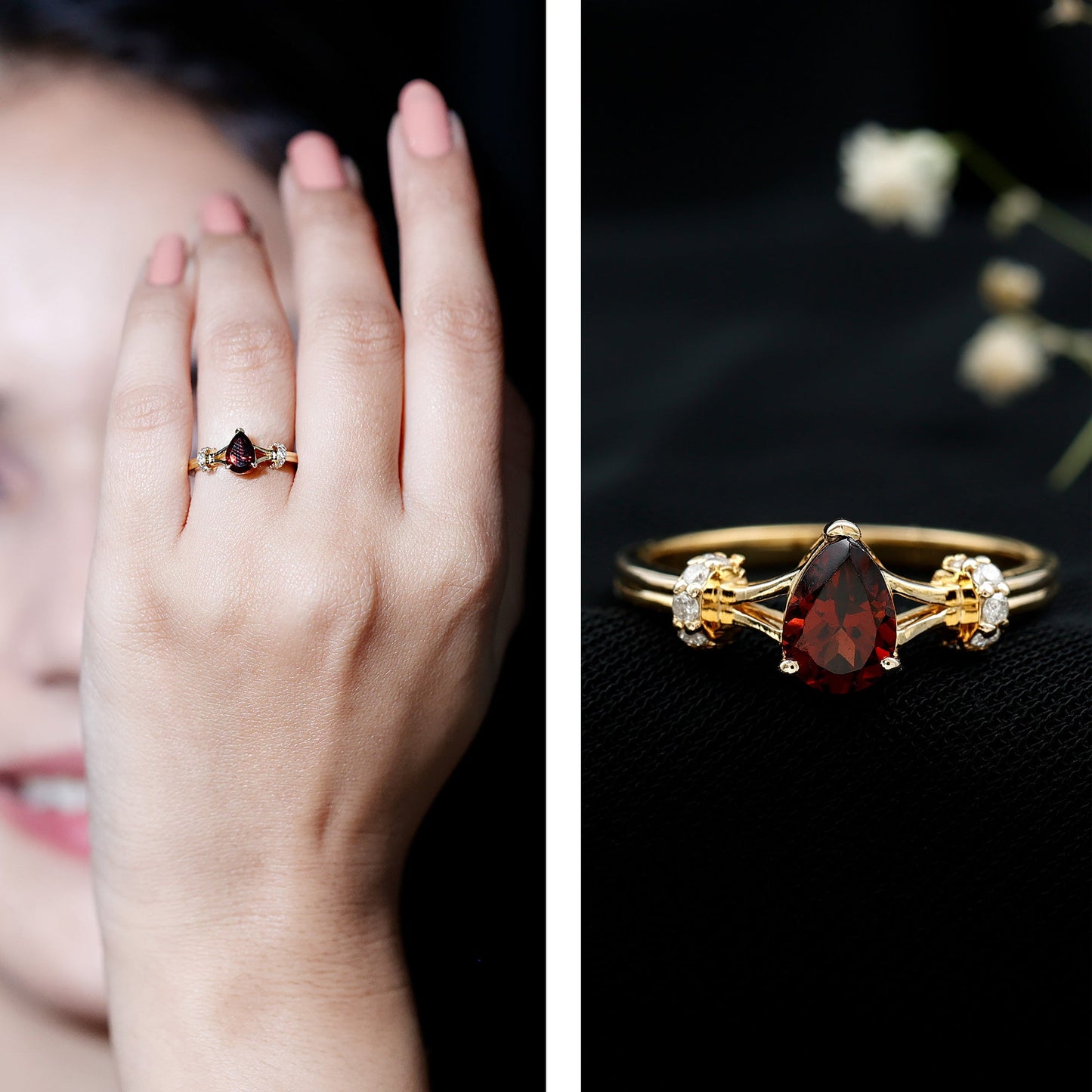 Certified Real 0.8 Carat Garnet Pear Shaped Engagement Ring with Diamond