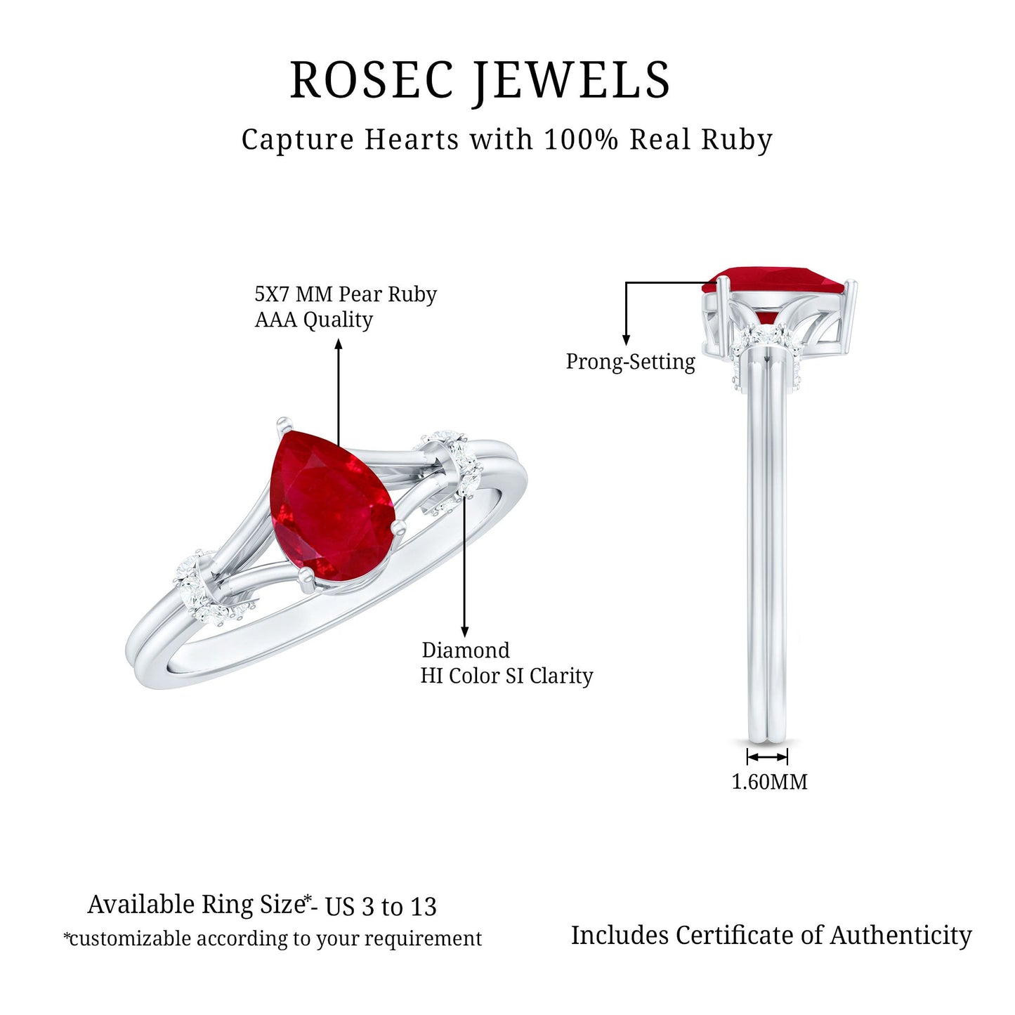 Real 0.8 Carat Ruby Pear Shaped Engagement Ring with Diamond