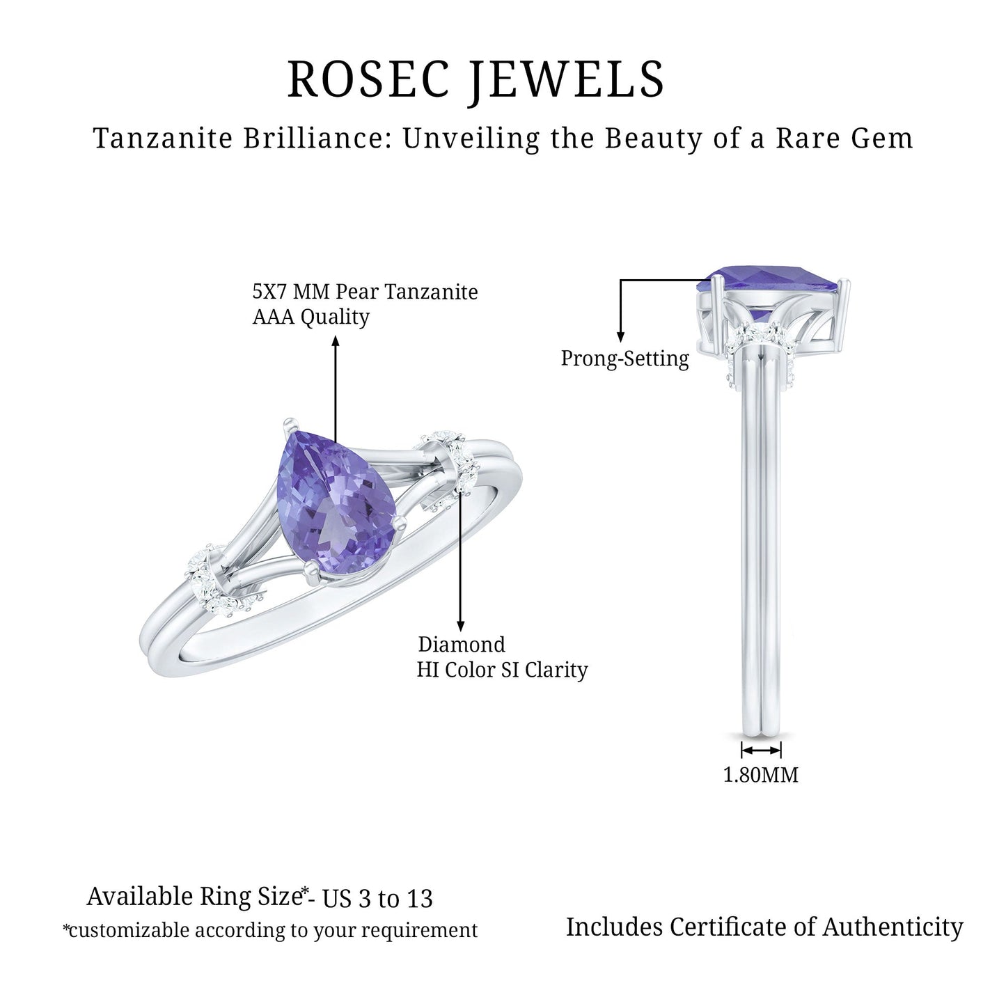 Natural Pear Shape Tanzanite Diamond Engagement Ring with Split Shank