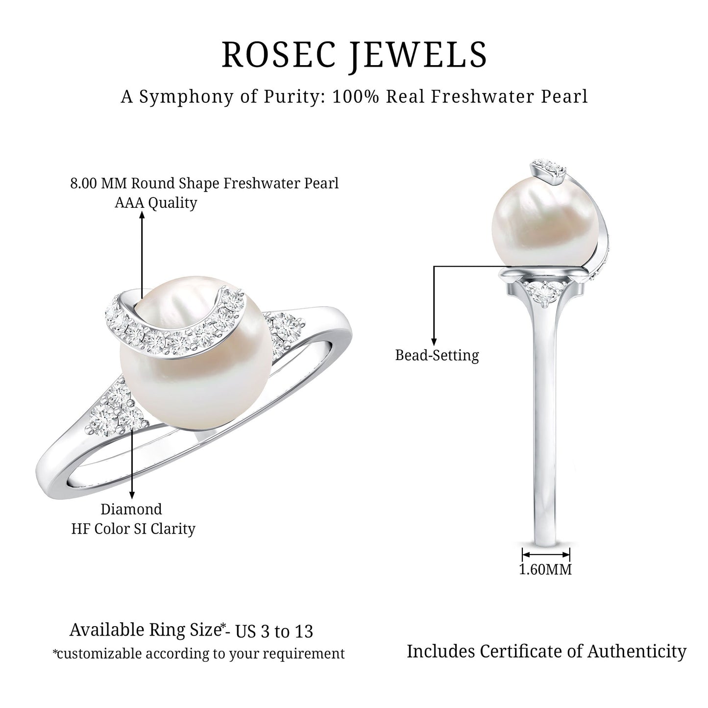 Natural 7.4 Carat Freshwater Pearl Engagement Ring with Diamond for Women