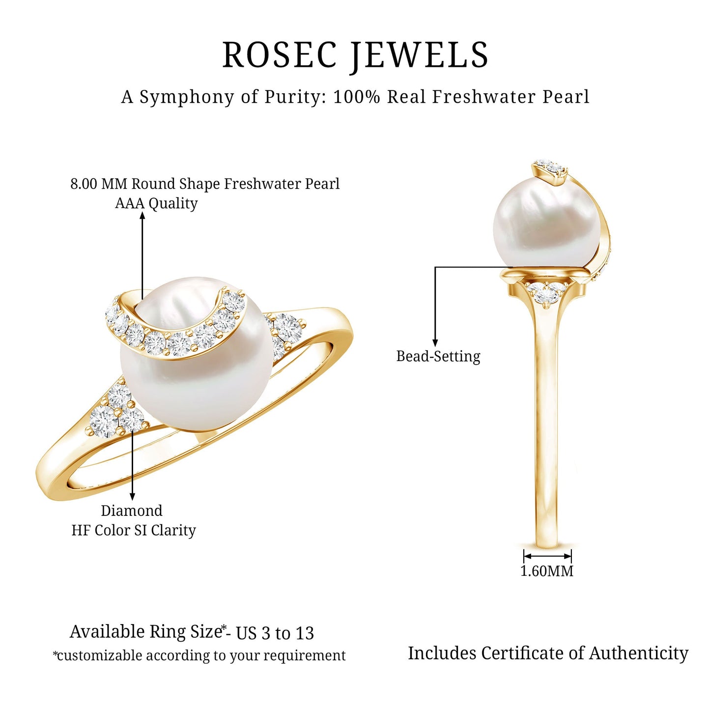 Natural 7.4 Carat Freshwater Pearl Engagement Ring with Diamond for Women