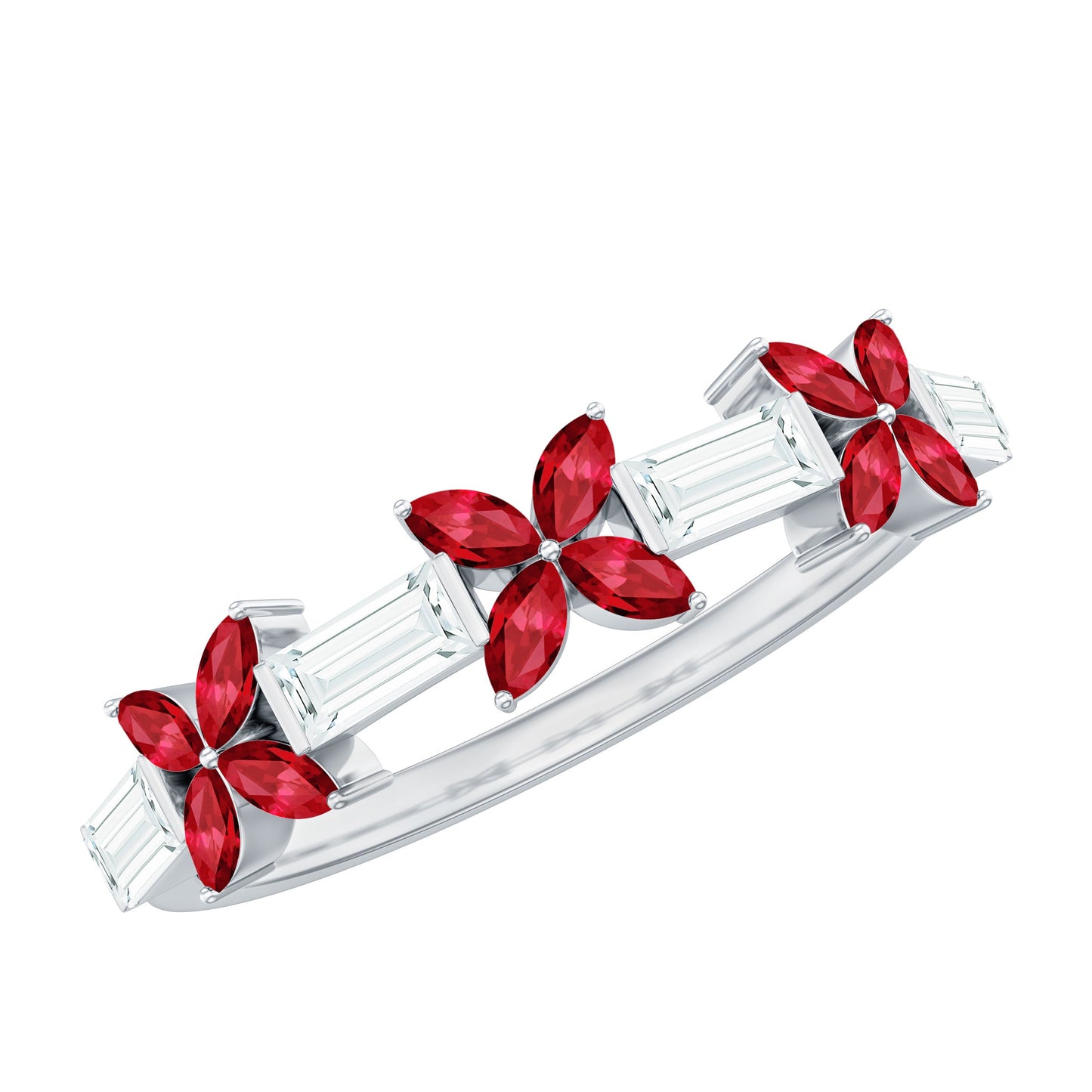 Marquise Cut Created Ruby and Moissanite Flower Half Eternity Ring