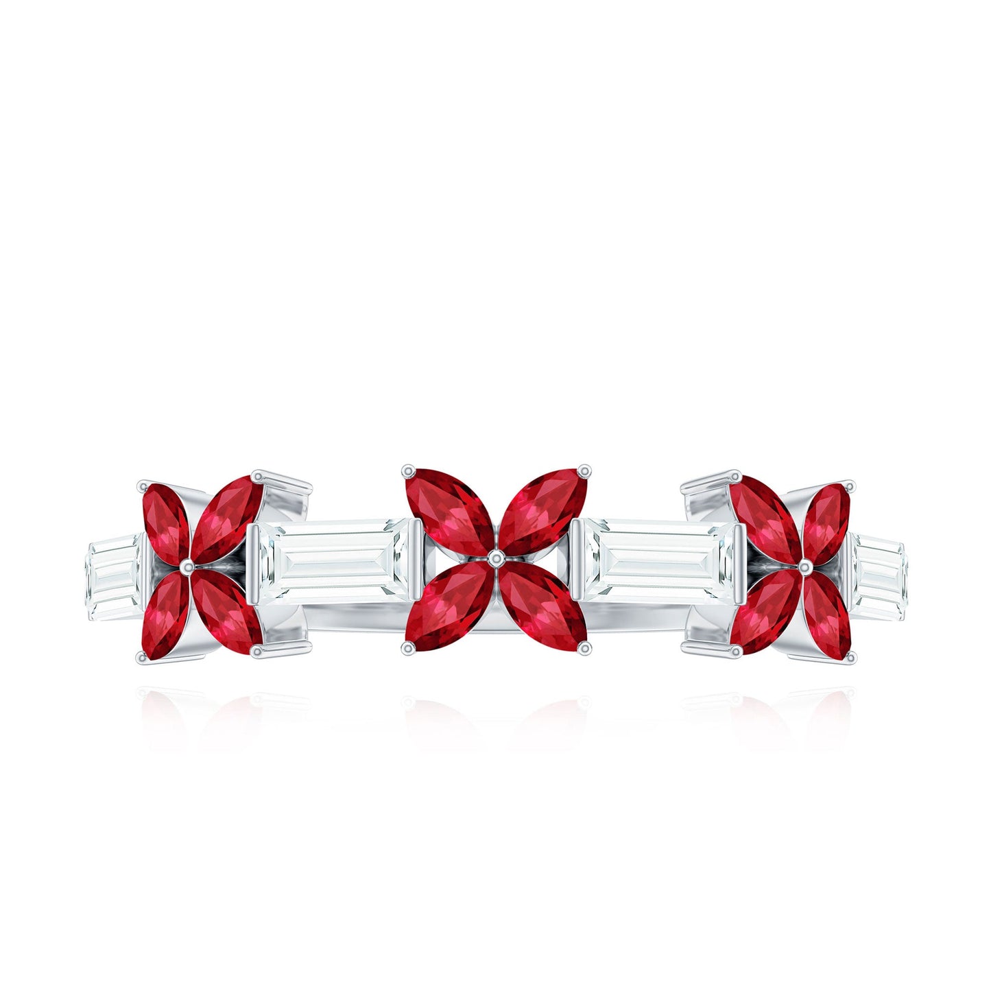 Marquise Cut Created Ruby and Moissanite Flower Half Eternity Ring