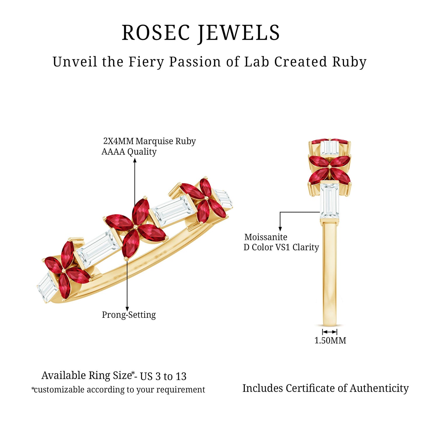 Marquise Cut Created Ruby and Moissanite Flower Half Eternity Ring