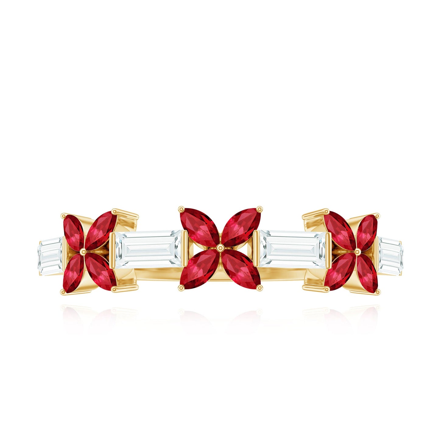 Marquise Cut Created Ruby and Moissanite Flower Half Eternity Ring