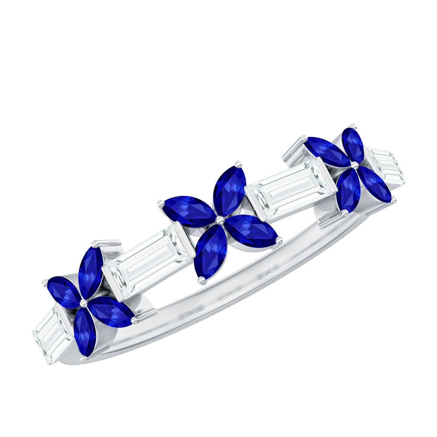 Marquise Cut Created Blue Sapphire and Moissanite Flower Half Eternity Ring