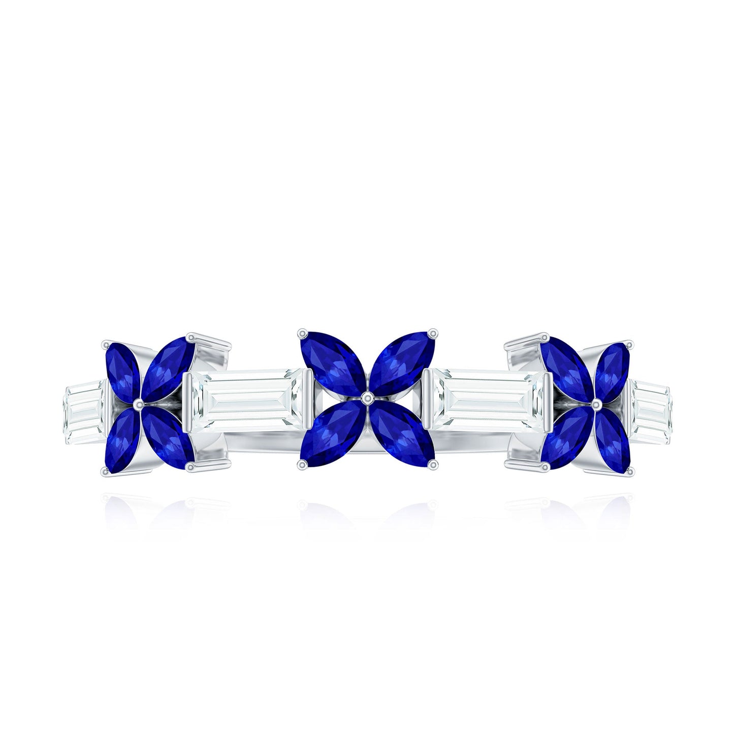 Marquise Cut Created Blue Sapphire and Moissanite Flower Half Eternity Ring