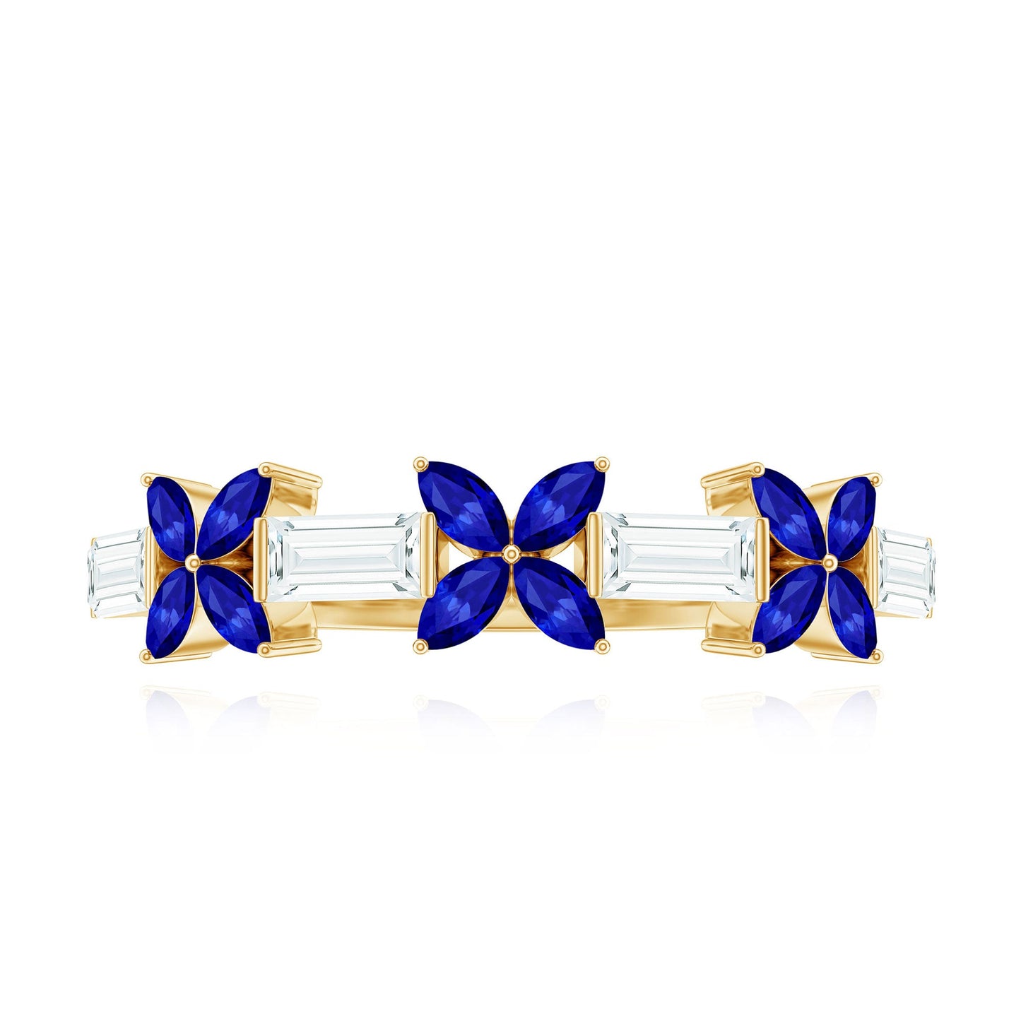 Marquise Cut Created Blue Sapphire and Moissanite Flower Half Eternity Ring