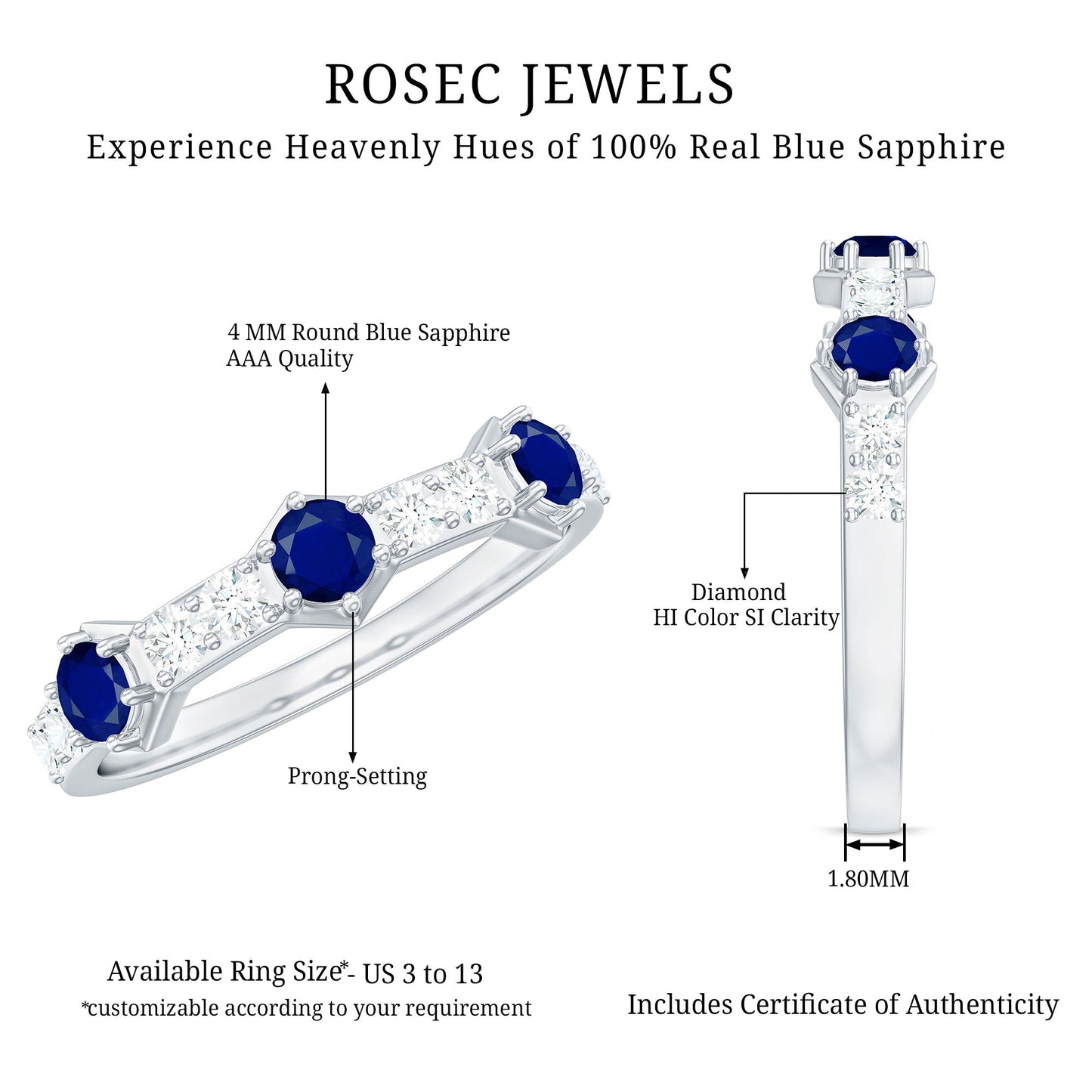 Real Blue Sapphire Half Eternity Ring with Diamond