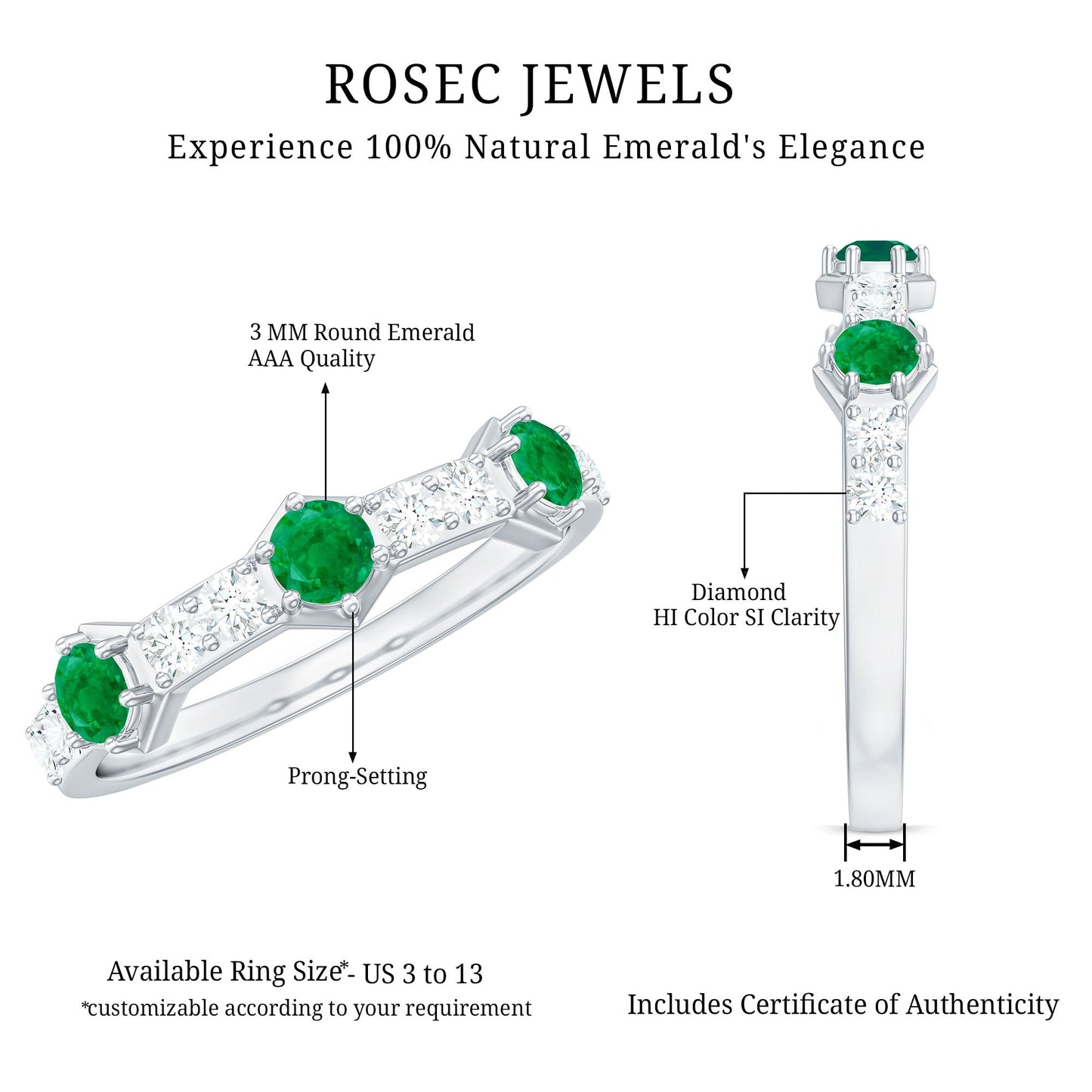 Natural Emerald and Diamond Half Eternity Ring