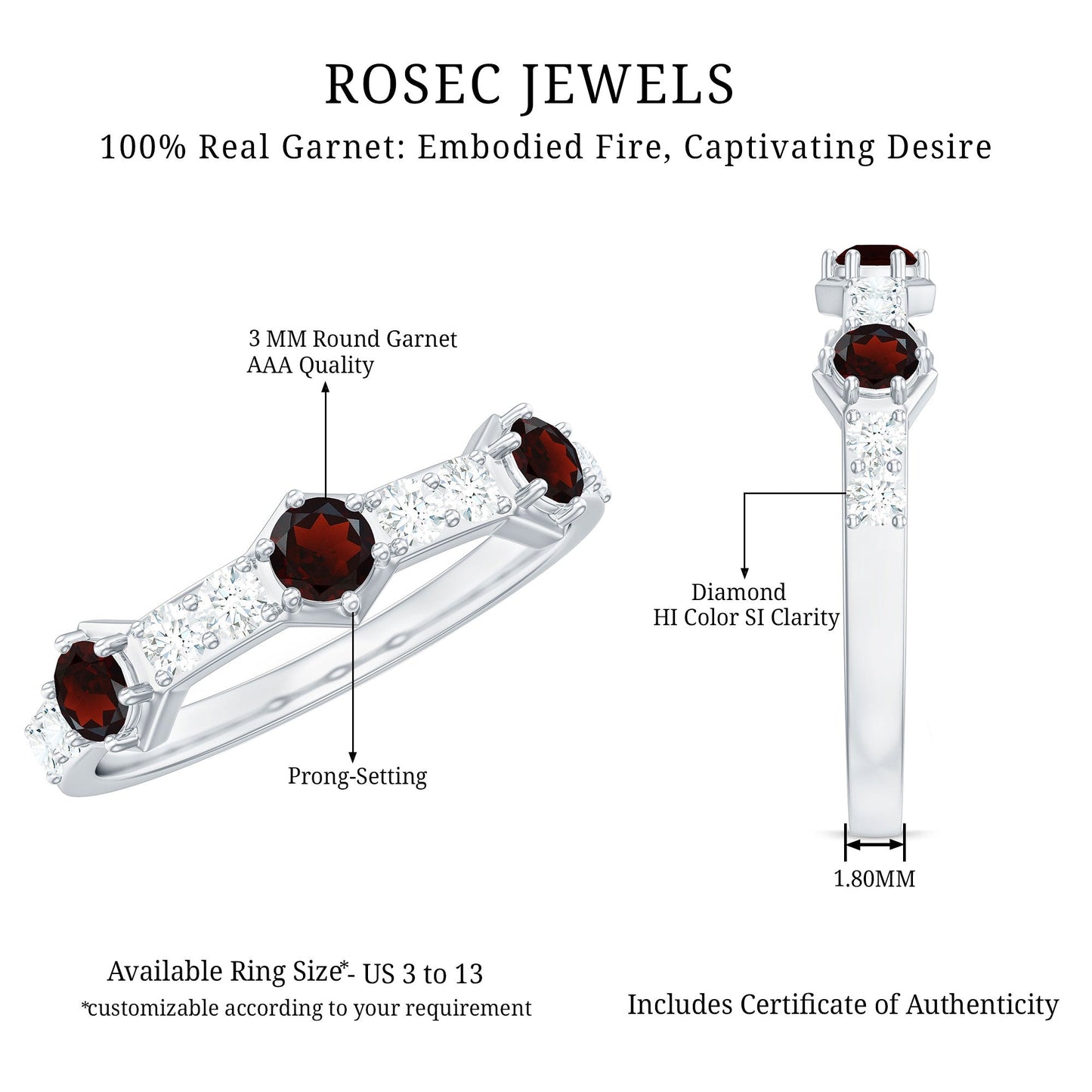 Real Red Garnet Diamond Half Eternity Ring for Anniversary