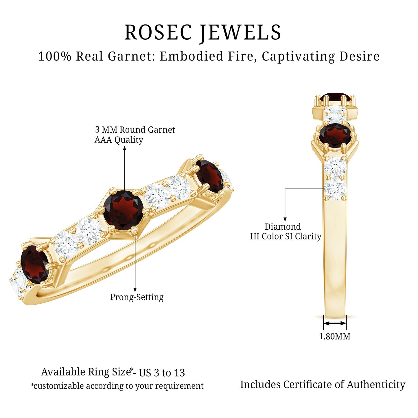 Real Red Garnet Diamond Half Eternity Ring for Anniversary