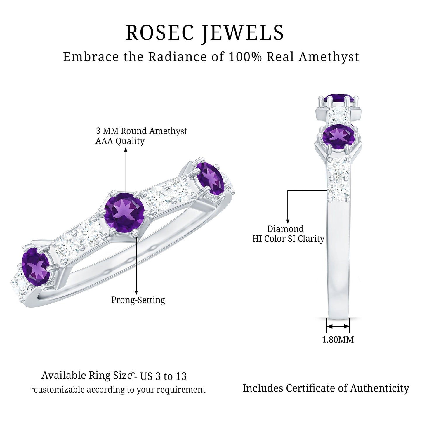 Natural Amethyst Half Eternity Ring with Diamond