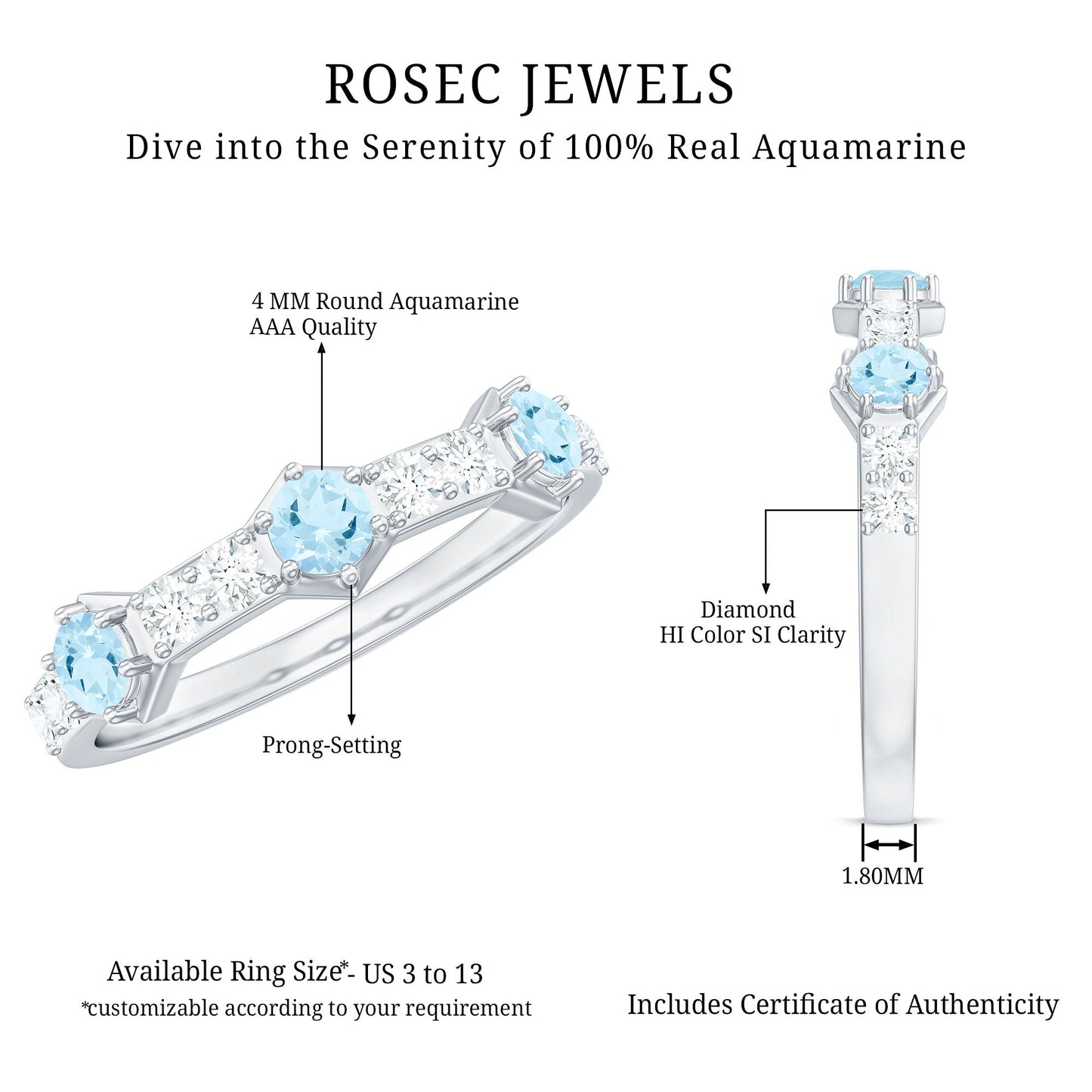 Real Aquamarine and Diamond Half Eternity Ring