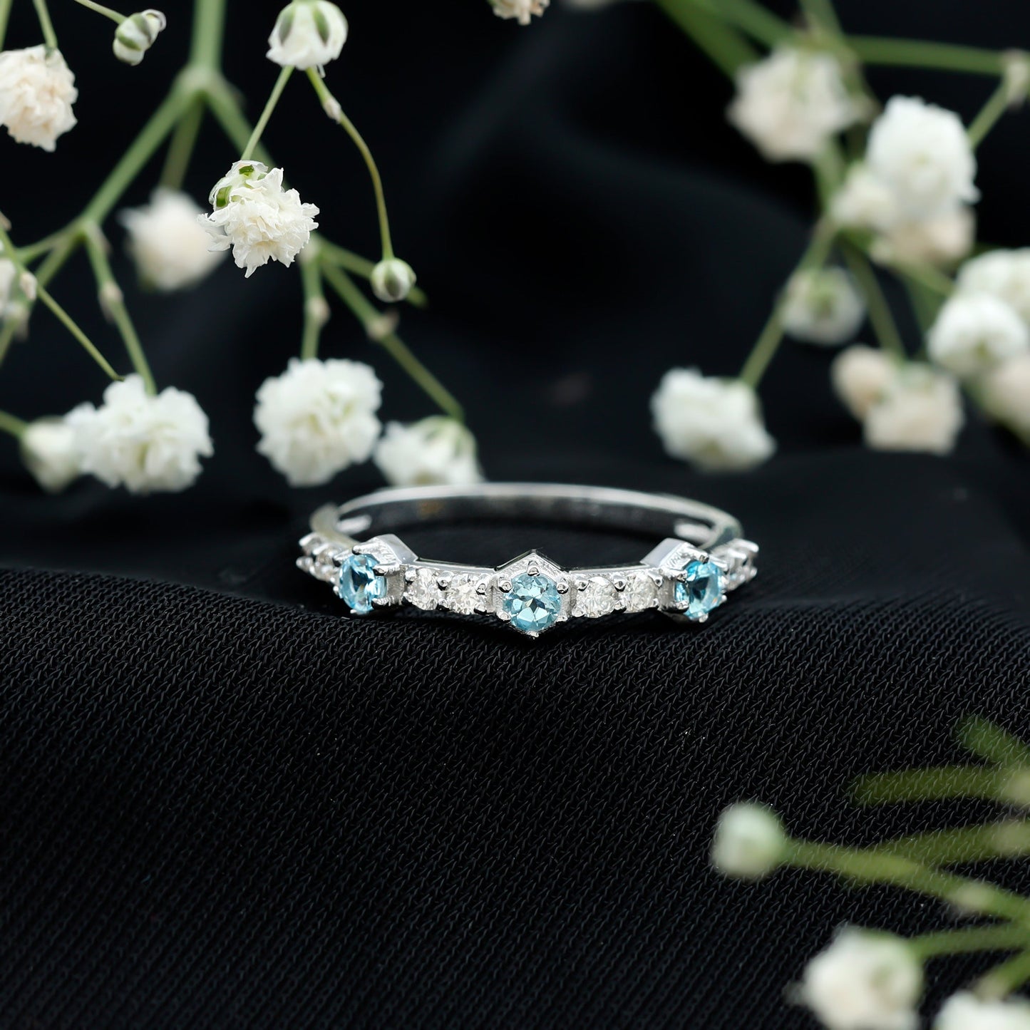Real Aquamarine and Diamond Half Eternity Ring