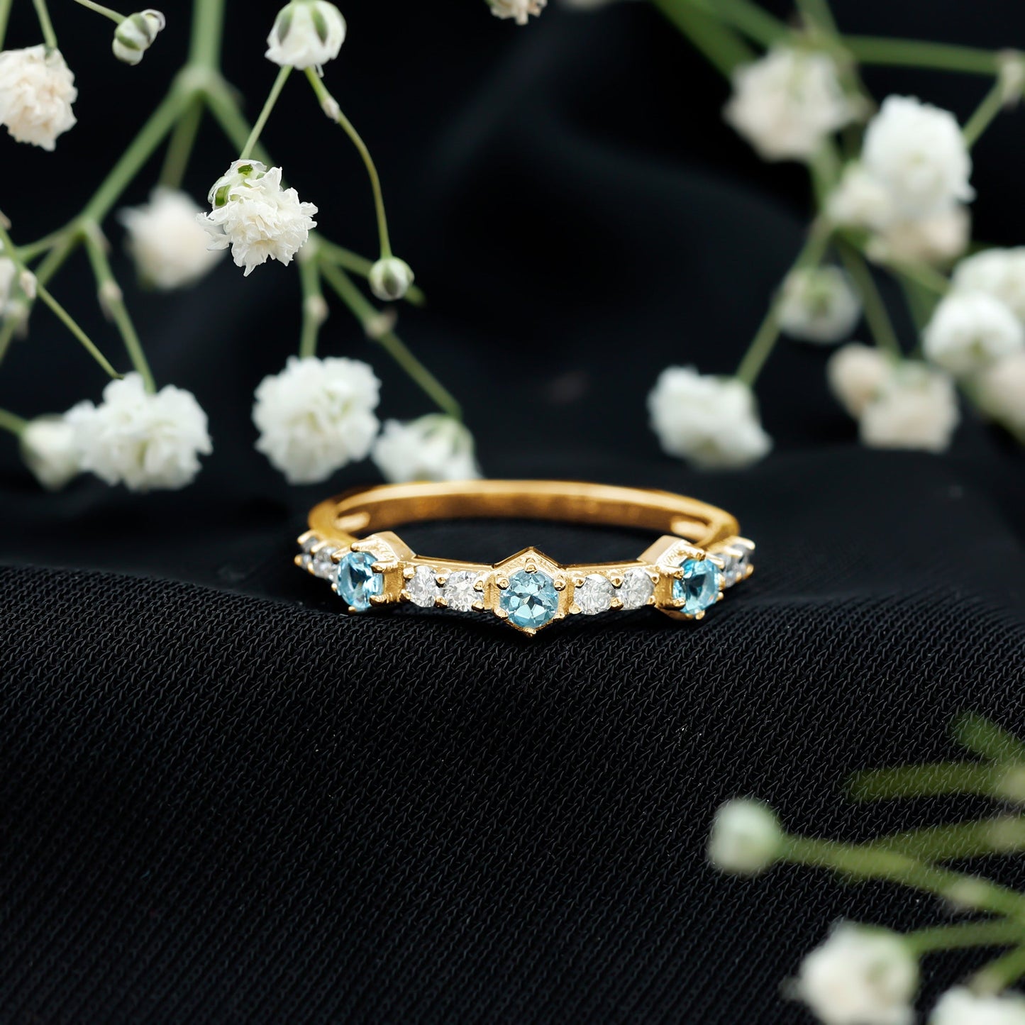 Real Aquamarine and Diamond Half Eternity Ring