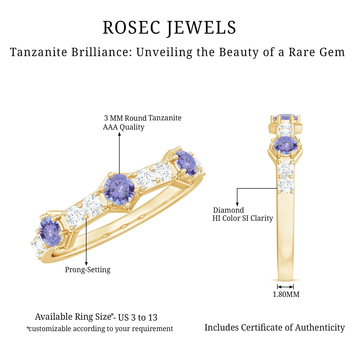 Natural Tanzanite and Diamond Half Eternity Ring for Women