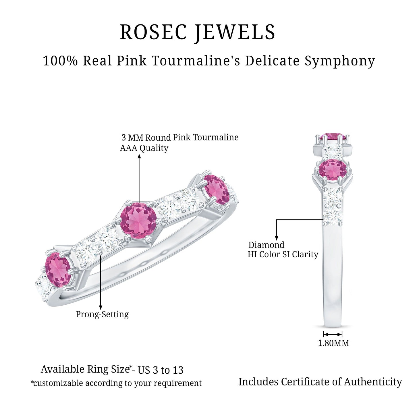 Minimal Half Eternity Ring with Pink Tourmaline and Diamond