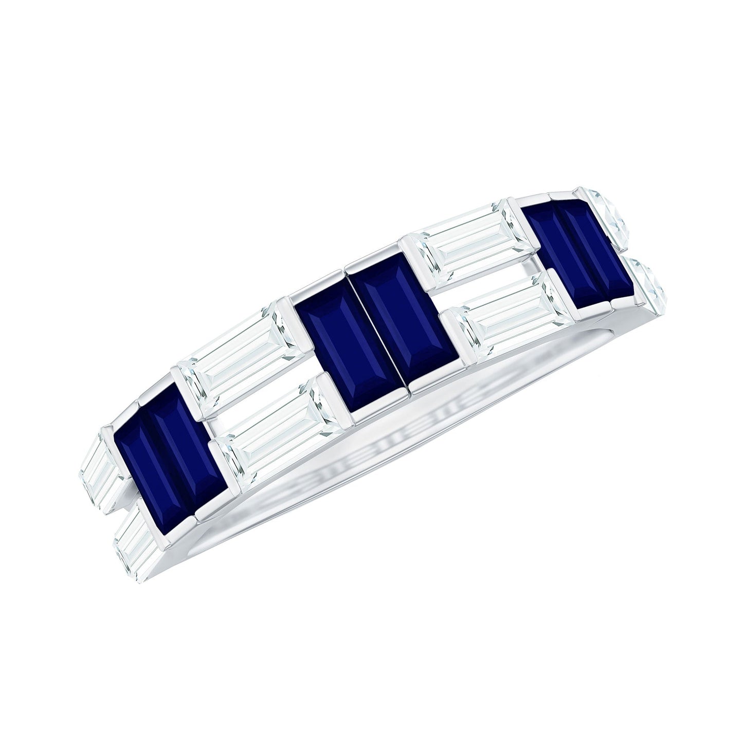 Certified Real Baguette Blue Sapphire Half Eternity Band Ring with Moissanite