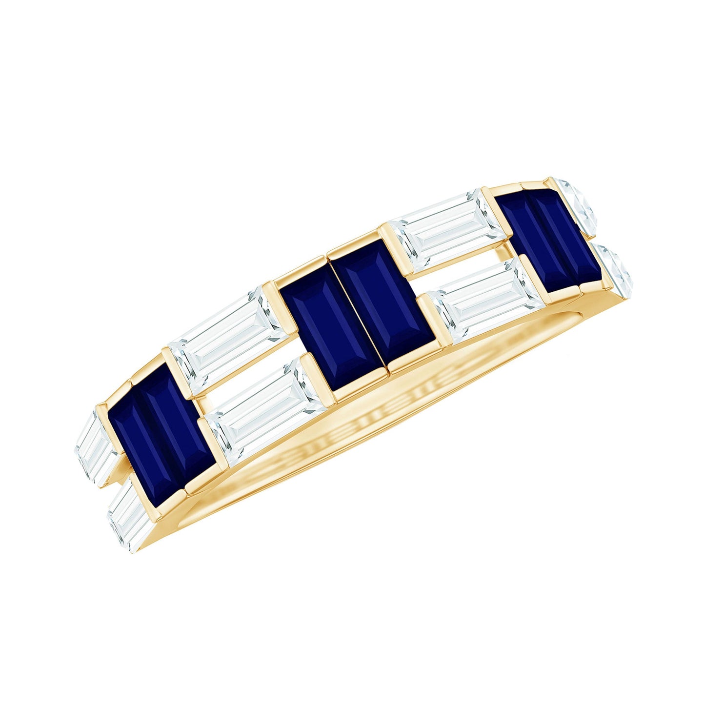 Certified Real Baguette Blue Sapphire Half Eternity Band Ring with Moissanite