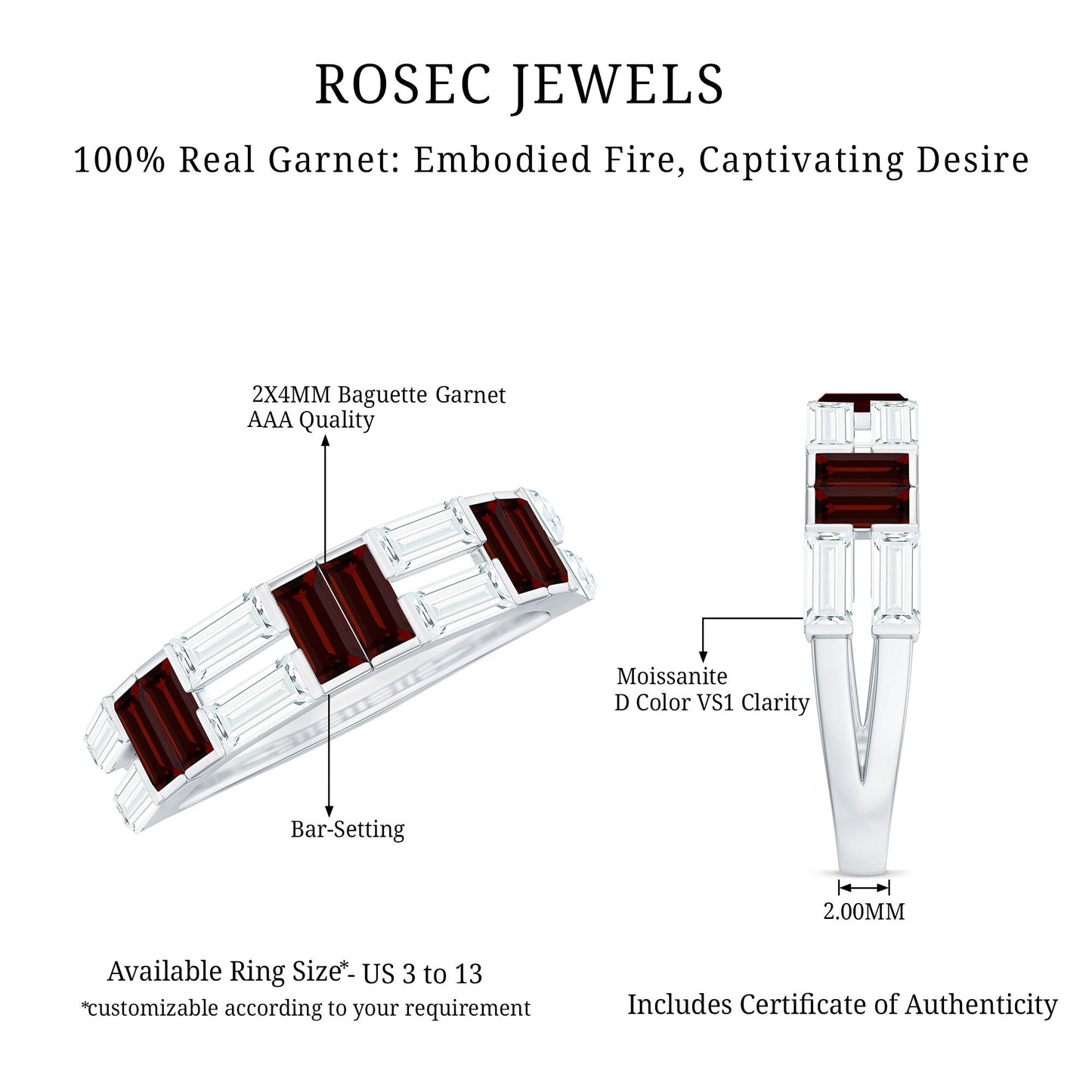 Certified Real Baguette Garnet Half Eternity Wedding Band