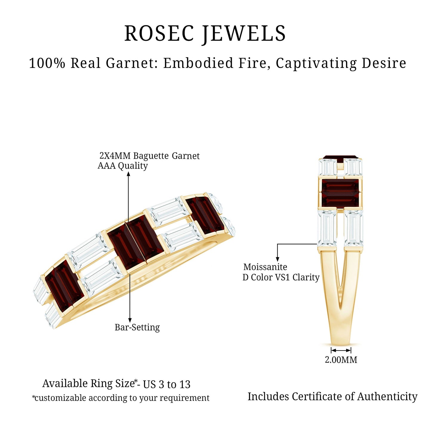 Certified Real Baguette Garnet Half Eternity Wedding Band