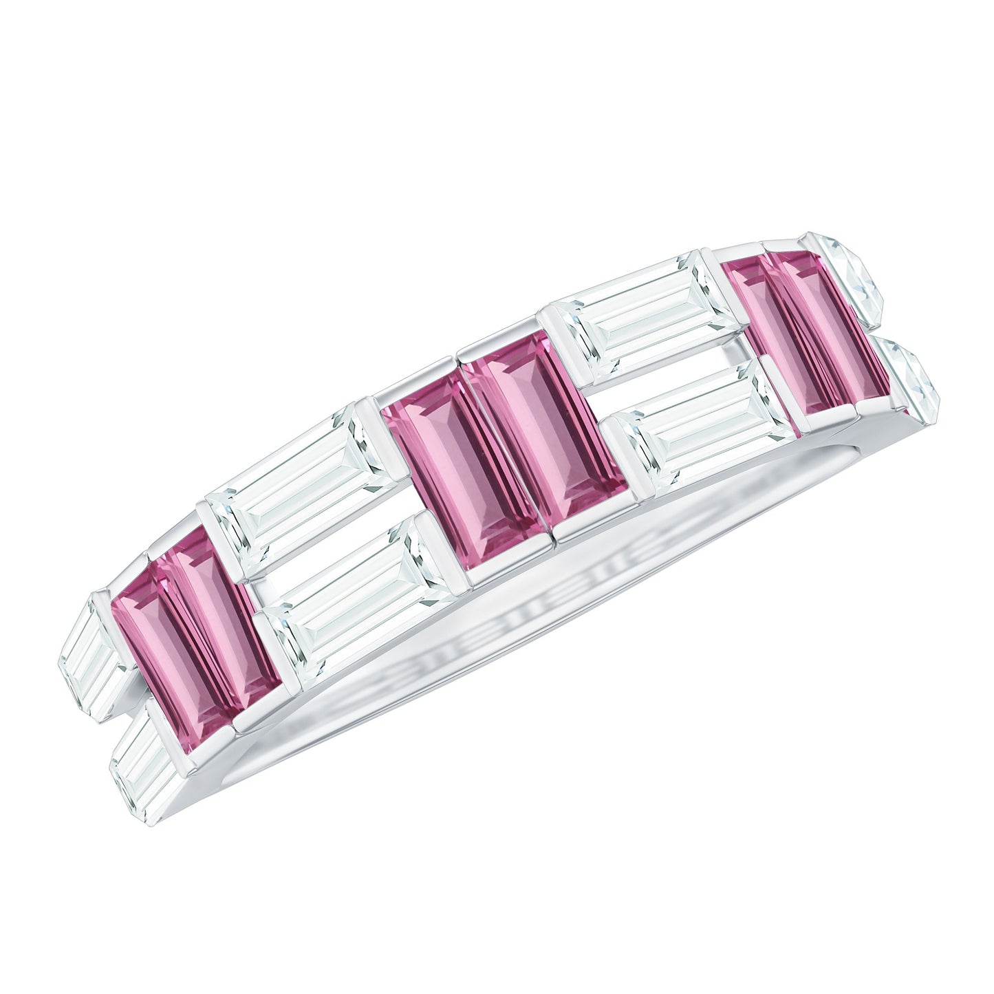 Baguette Shape Pink Tourmaline and Moissanite Half Eternity Ring